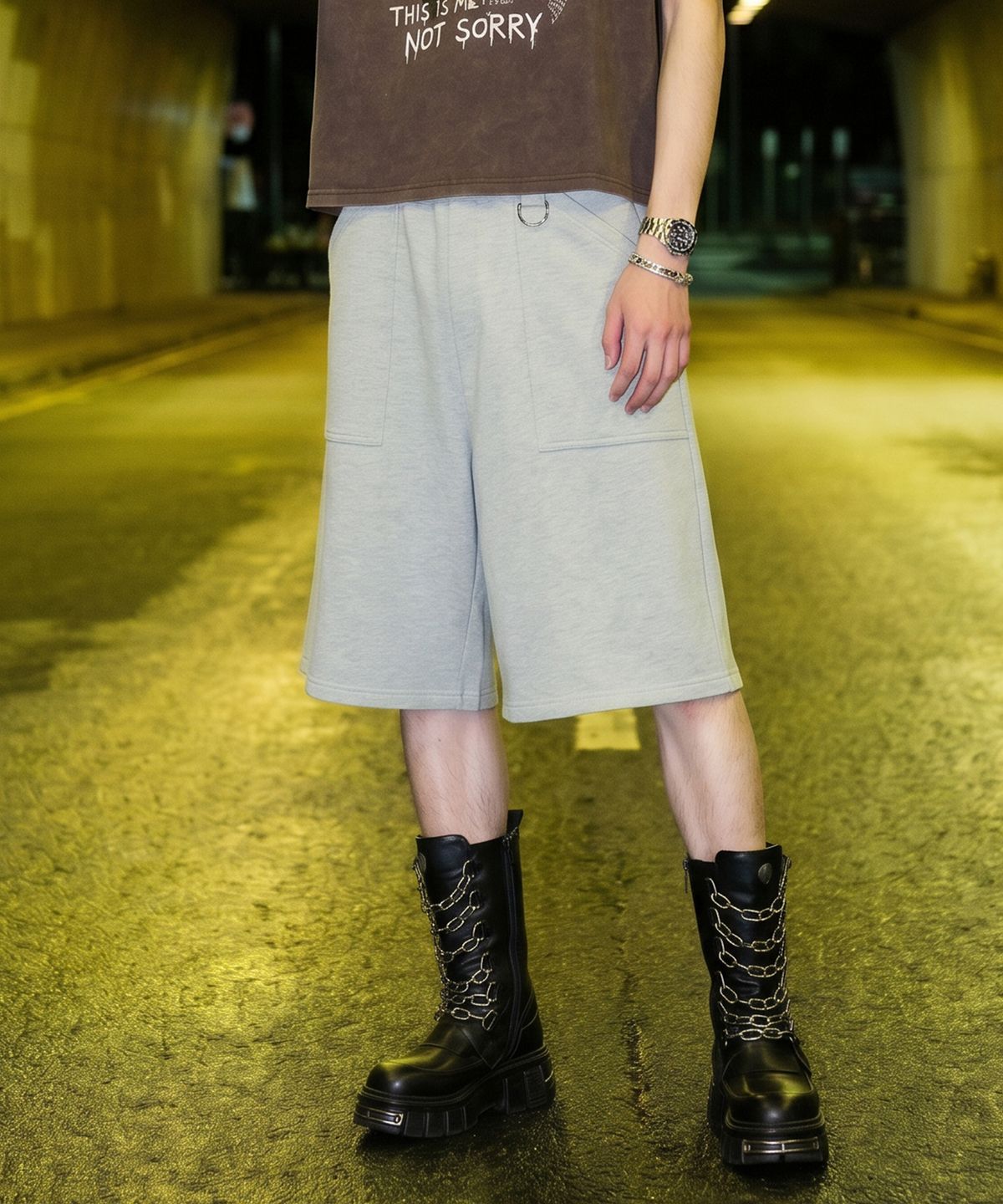 랑가주망(LENGAGEMENT) Wide Fatigue Bermuda Sweat Shorts (Grey)