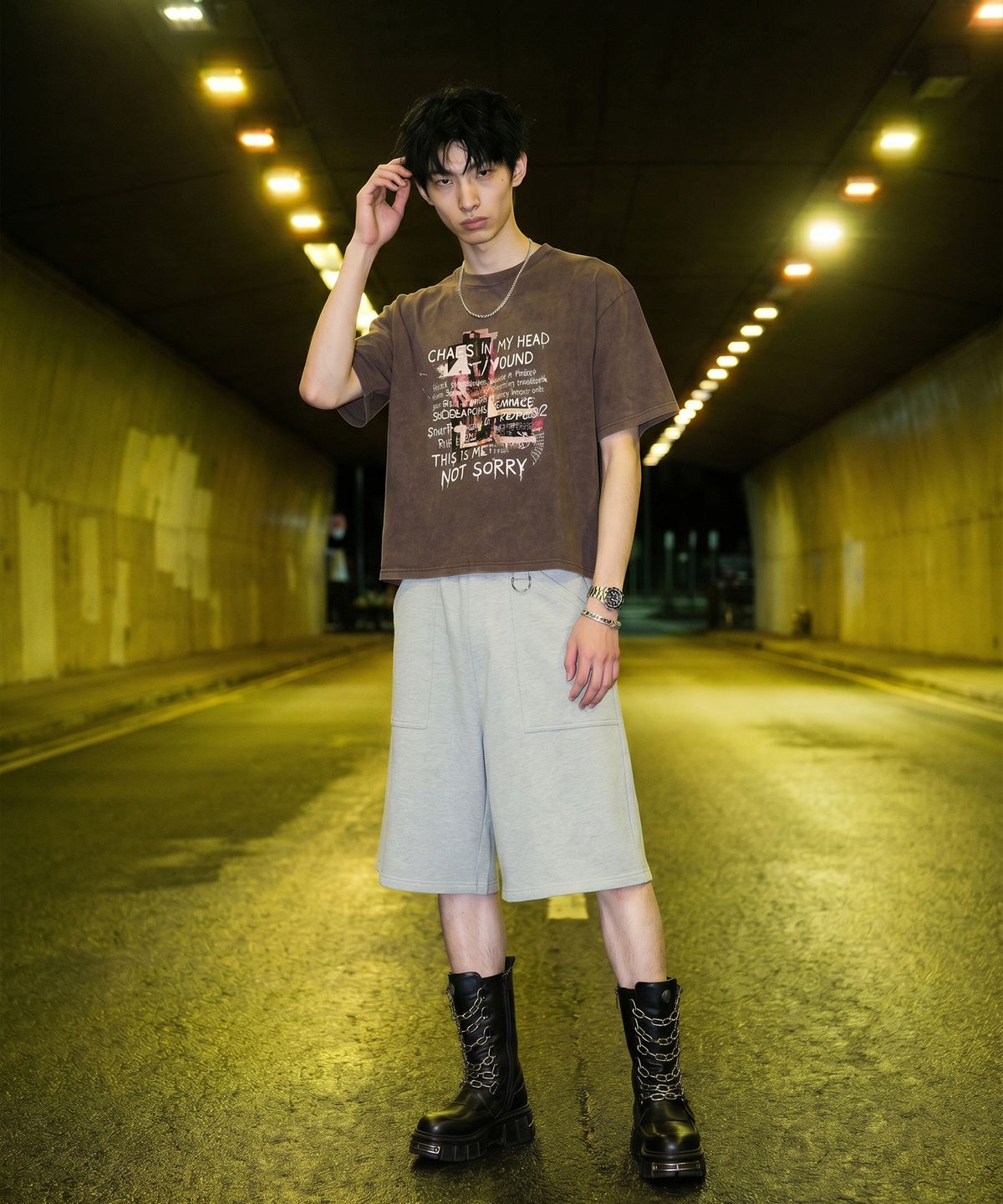 랑가주망(LENGAGEMENT) Wide Fatigue Bermuda Sweat Shorts (Grey)