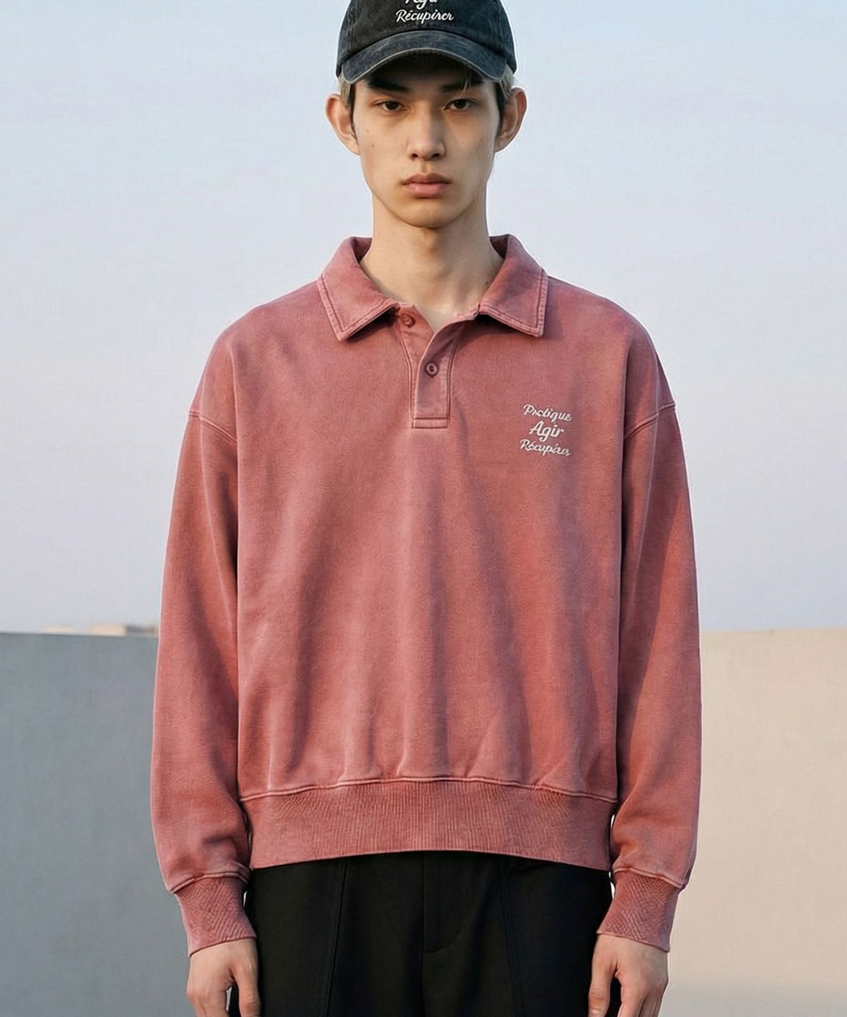 랑가주망(LENGAGEMENT) AGIR Salt-Washed Crop Polo Sweatshirt (Indian Pink)