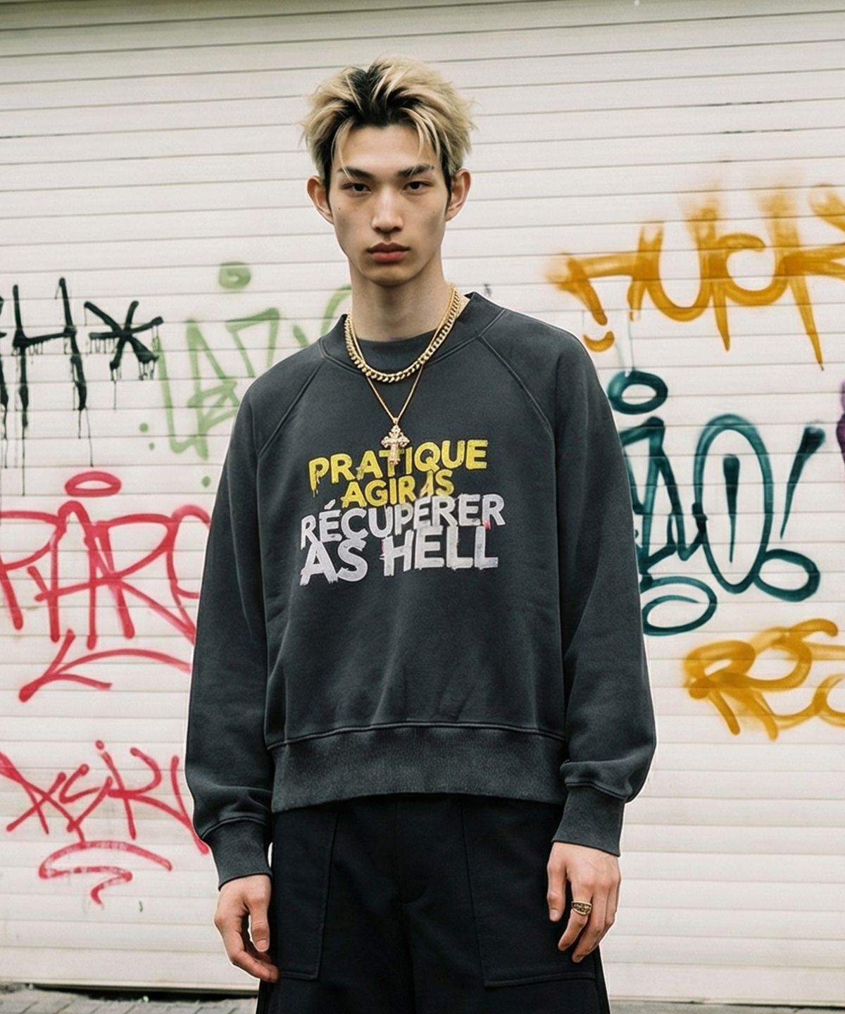 랑가주망(LENGAGEMENT) Hell-Raising Salt-Washed Raglan Crop Sweatshirt (Black)