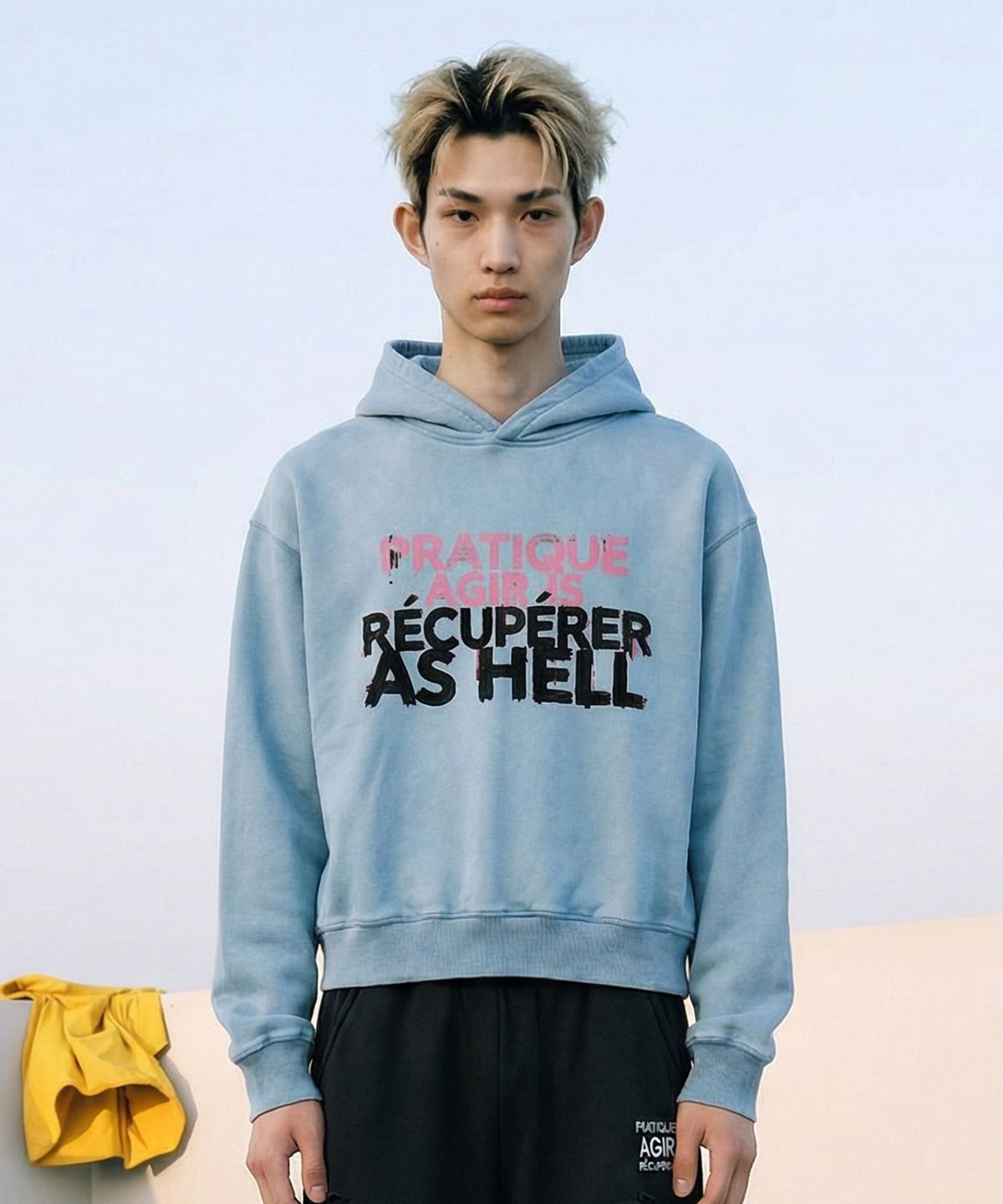 랑가주망(LENGAGEMENT) Hell-Raising Salt-Washed Crop Hooded T-Shirt (Light Blue)