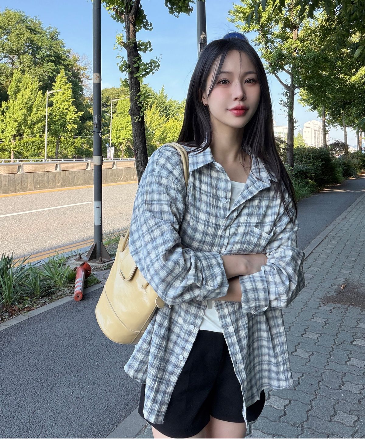 무븐(MOOVN) 써머 링클 체크 셔츠 블루