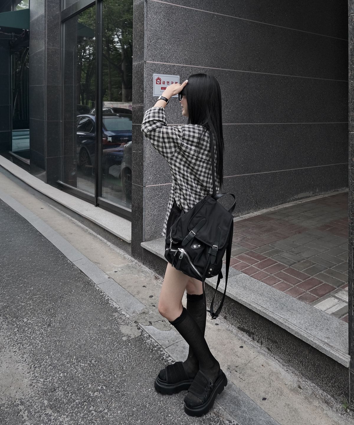무븐(MOOVN) 써머 링클 체크 셔츠 블랙