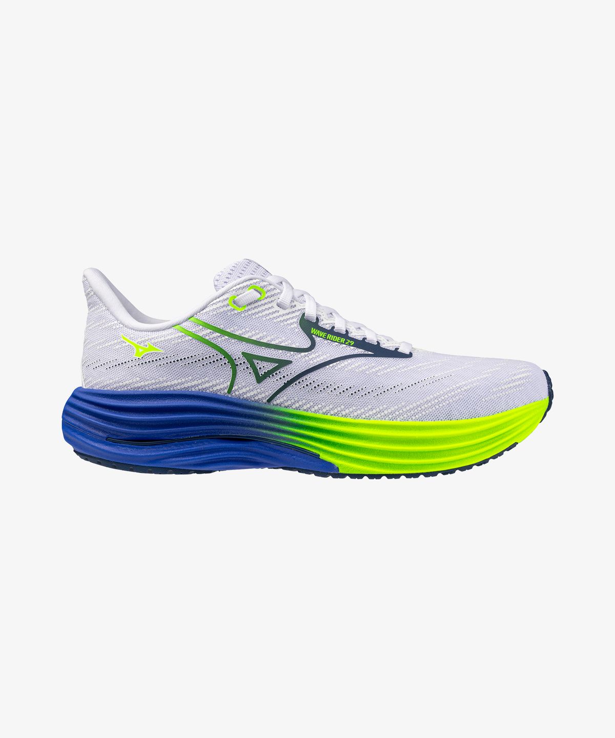 미즈노(MIZUNO) (남성) 웨이브 라이더 29 - 화이트:에스테이트 블루:라이트닝 옐로우 / J1GC250353