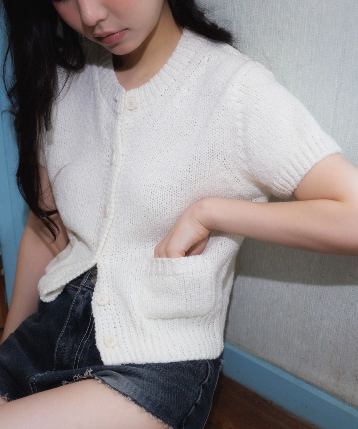 로제프란츠(ROSEFRANTZ) Pocket short sleeve knit cardigan [Ivory]