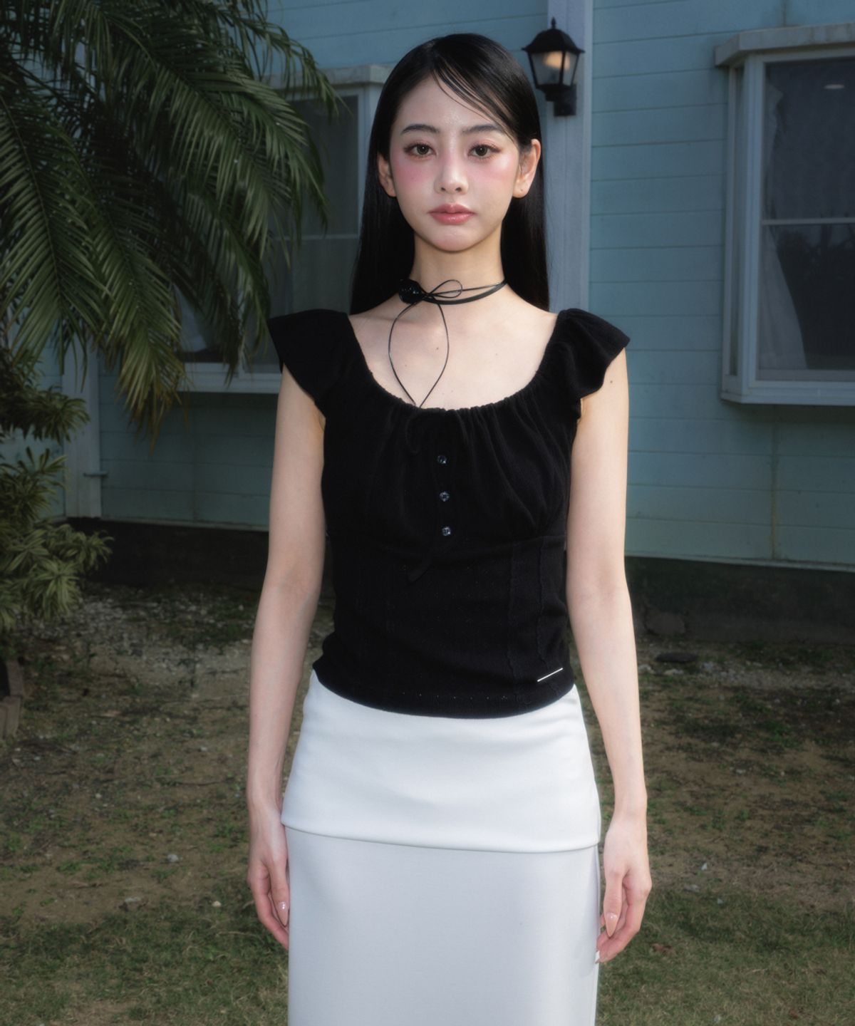 로제프란츠(ROSEFRANTZ) Ribbon Shirring Sleeveless [Black]