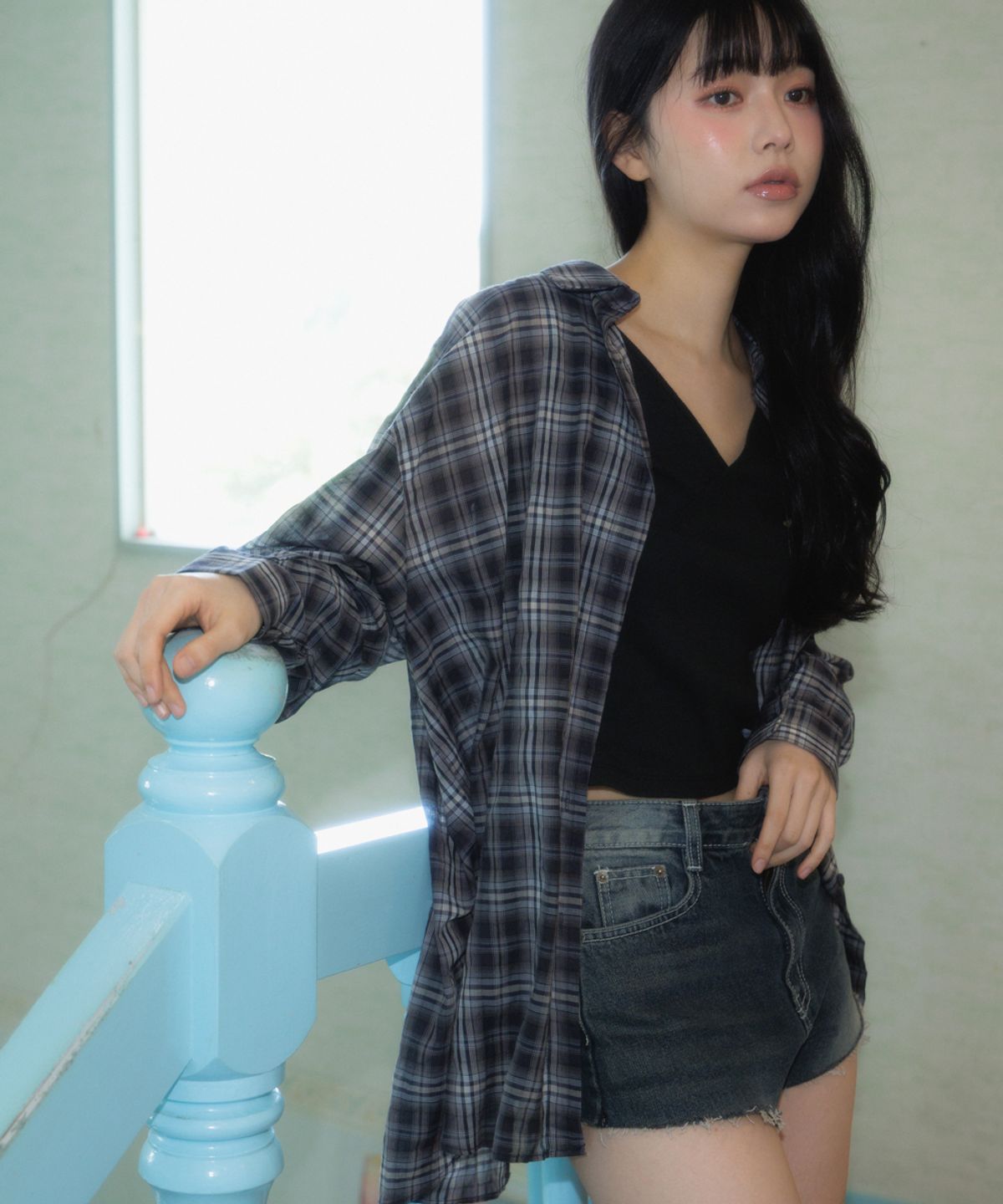 로제프란츠(ROSEFRANTZ) See-through Check Overfit Shirt [Navy]