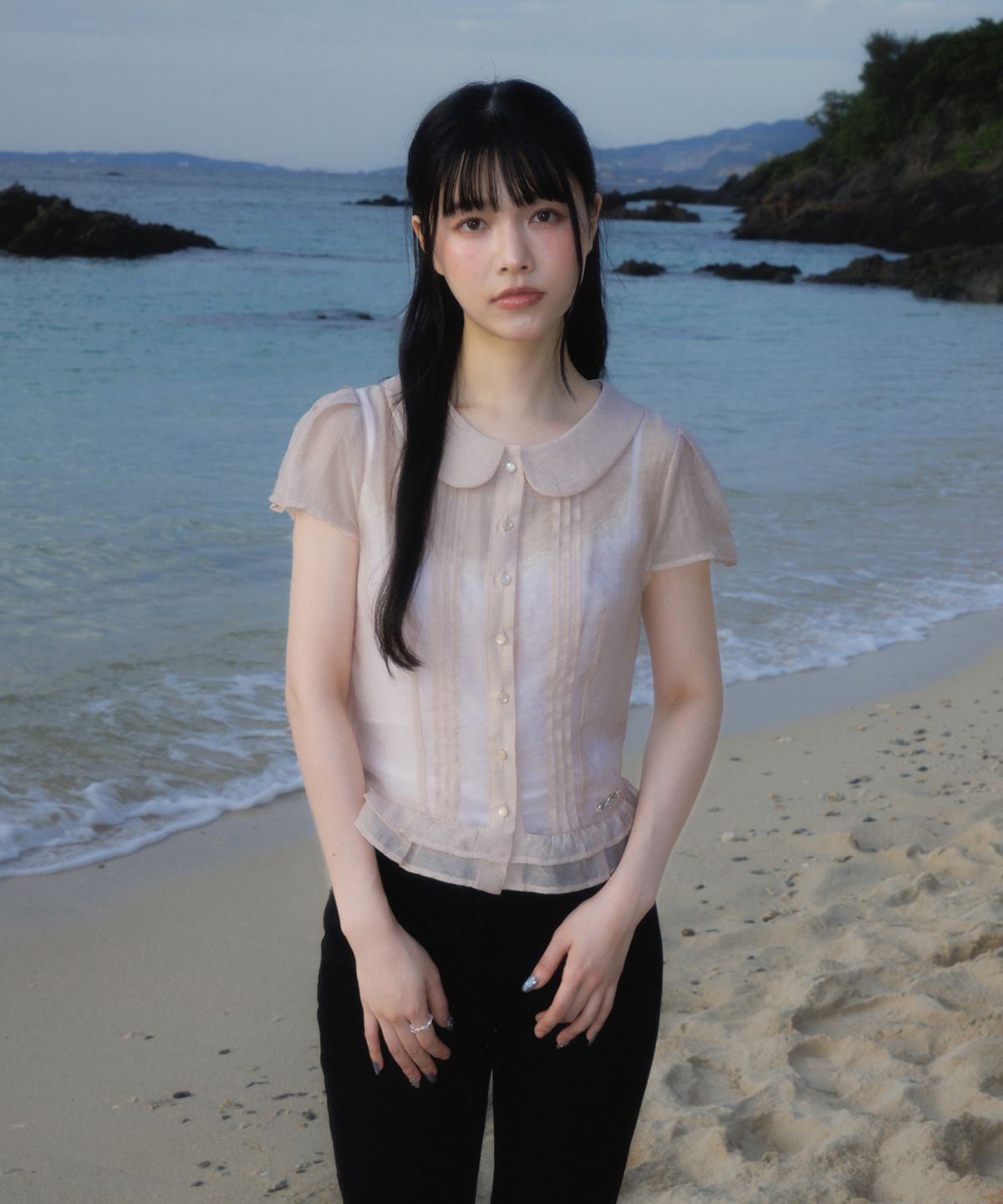 로제프란츠(ROSEFRANTZ) See-through Pleat Short Sleeved Blouse [Pink]