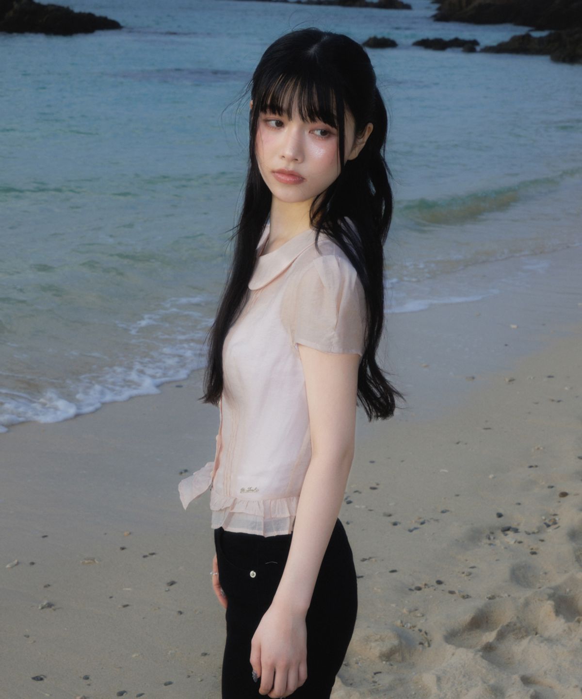 로제프란츠(ROSEFRANTZ) See-through Pleat Short Sleeved Blouse [Pink]