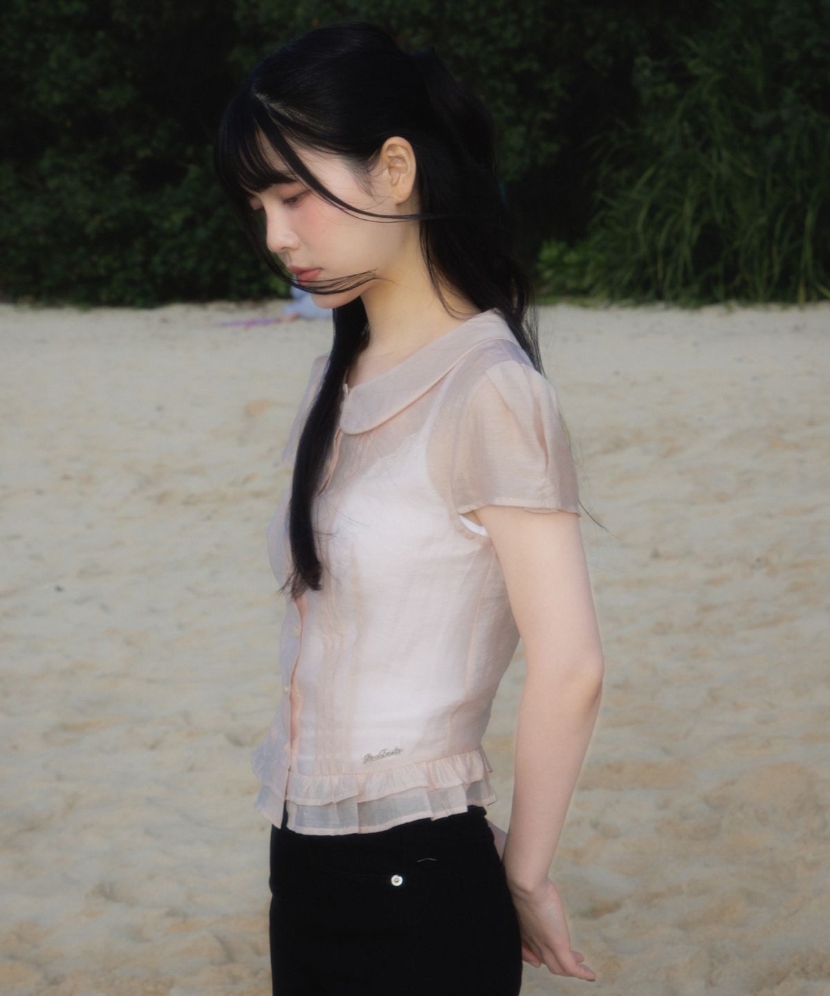로제프란츠(ROSEFRANTZ) See-through Pleat Short Sleeved Blouse [Pink]