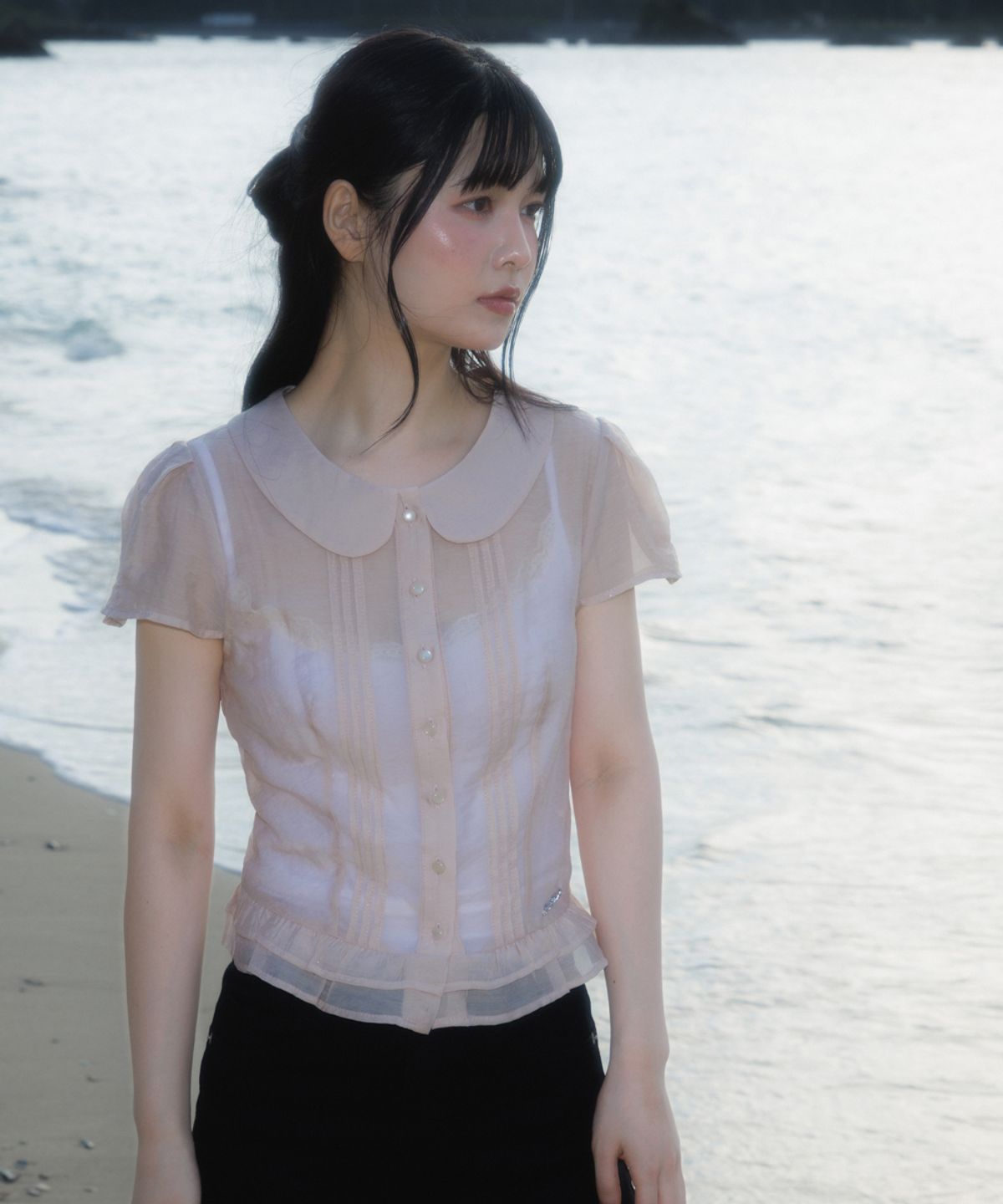 로제프란츠(ROSEFRANTZ) See-through Pleat Short Sleeved Blouse [Pink]
