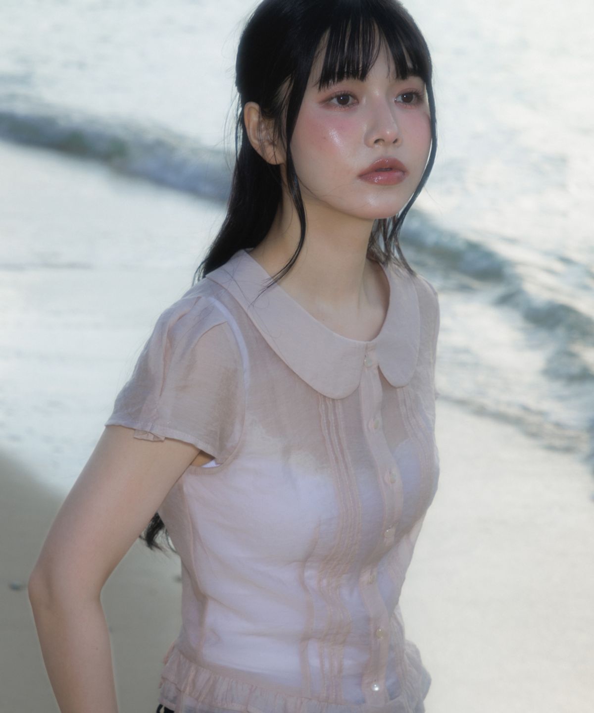 로제프란츠(ROSEFRANTZ) See-through Pleat Short Sleeved Blouse [Pink]