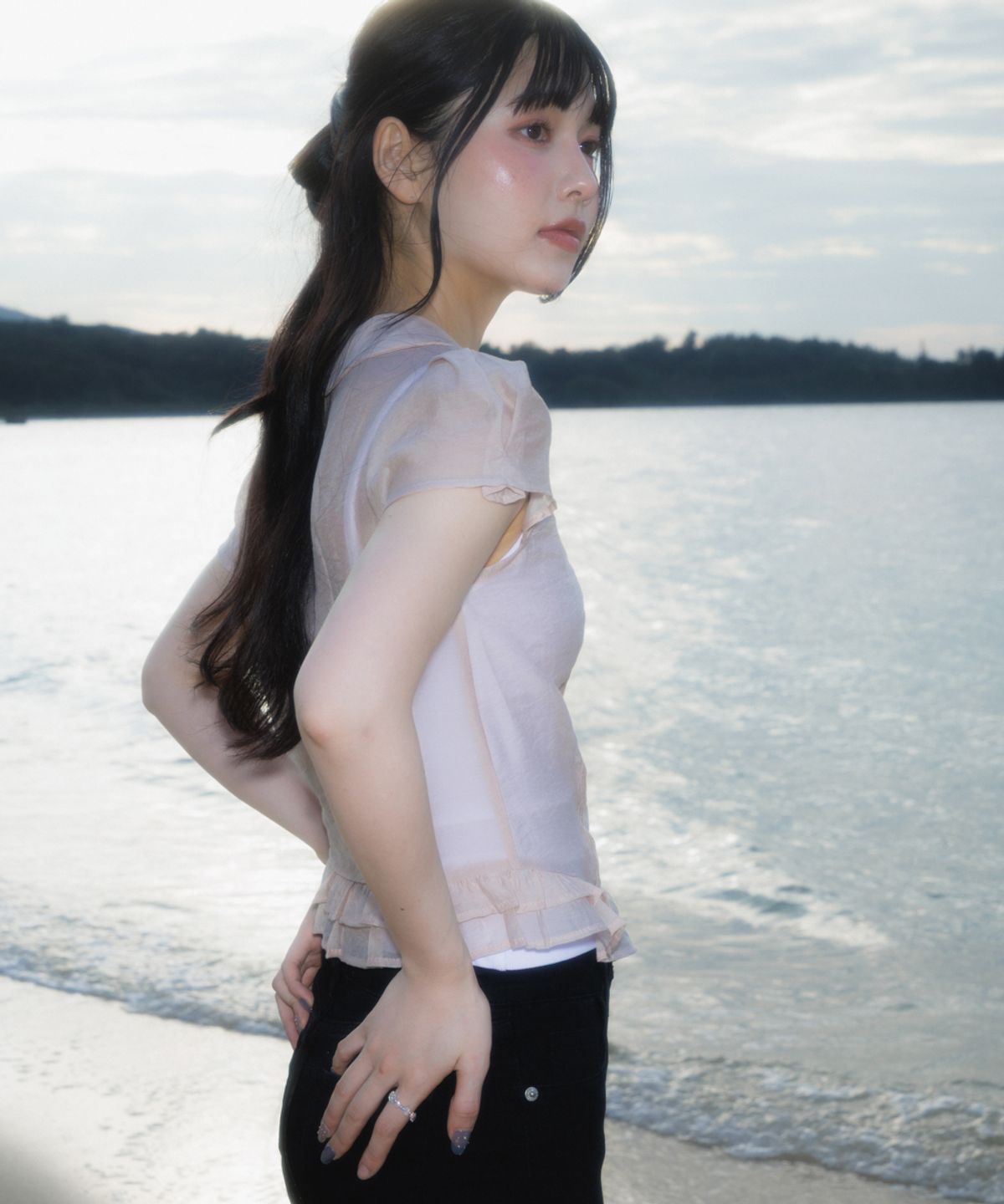 로제프란츠(ROSEFRANTZ) See-through Pleat Short Sleeved Blouse [Pink]