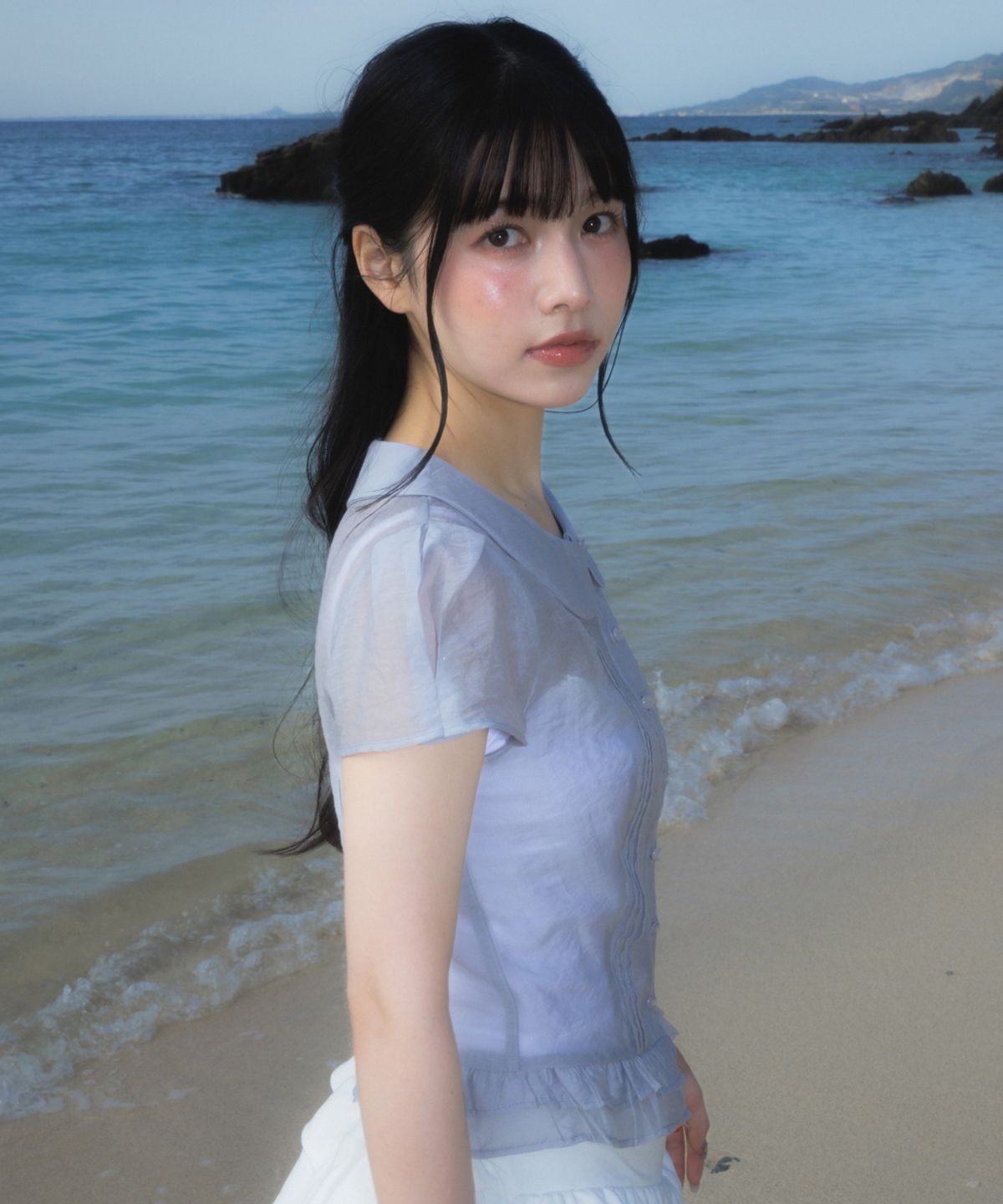 로제프란츠(ROSEFRANTZ) See-through Pleat Short Sleeved Blouse [Sky Blue]
