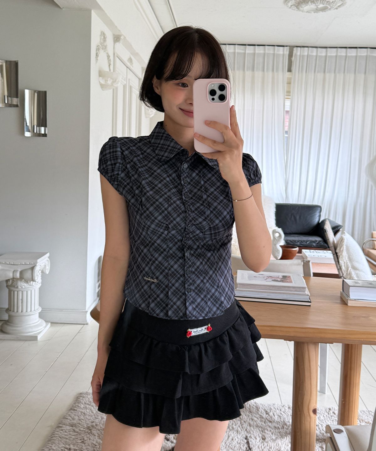 로제프란츠(ROSEFRANTZ) Check Puff Short Sleeve Blouse [Black] - 사이즈 & 후기 | 무신사