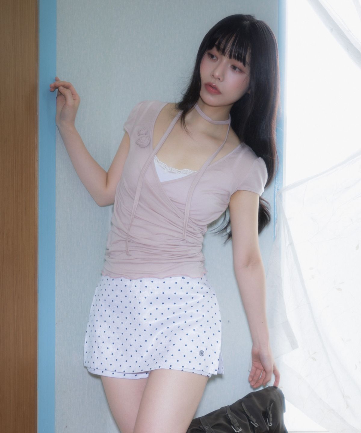 로제프란츠(ROSEFRANTZ) Corsage Shirring Tie T-shirt [Pink]