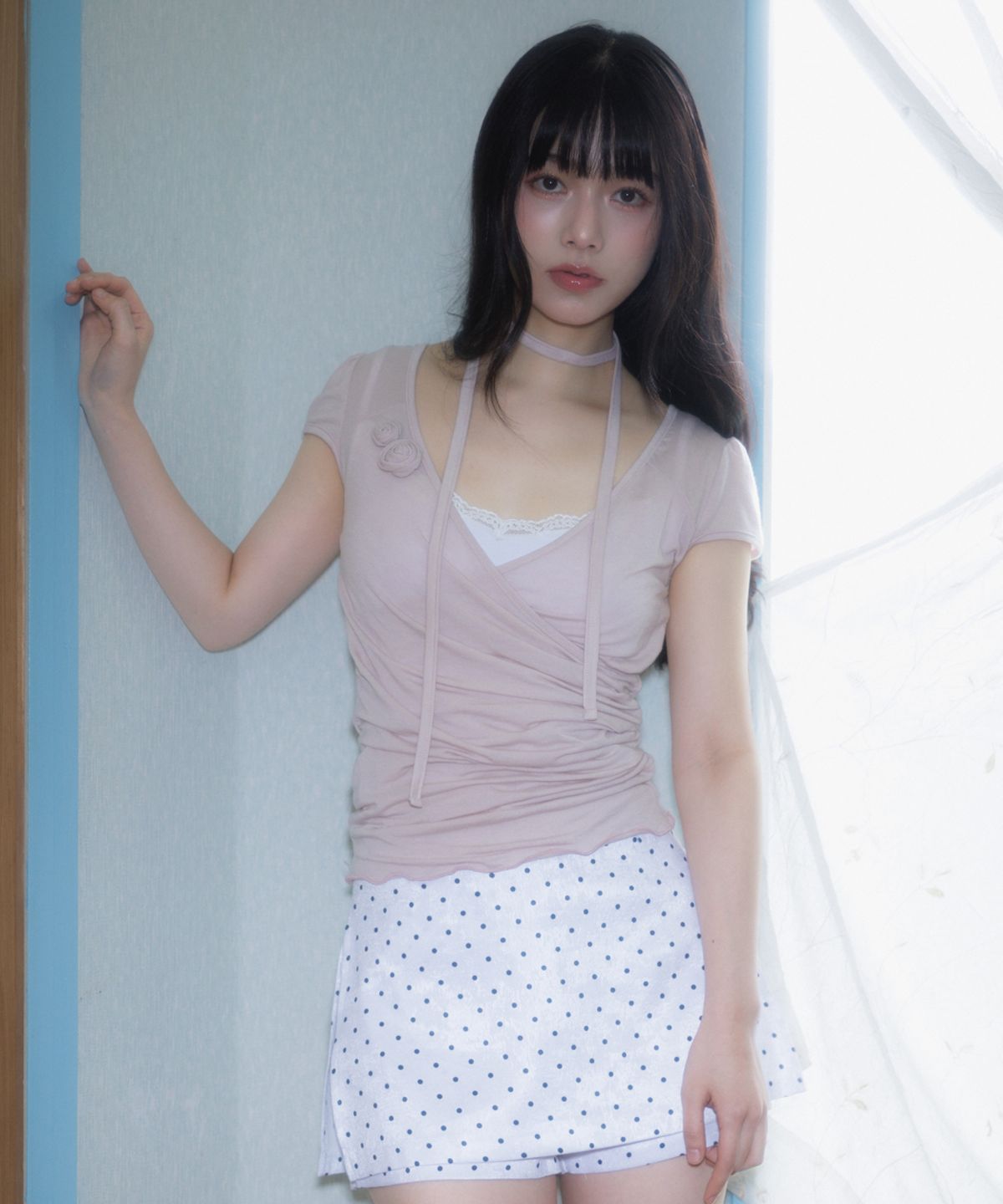 로제프란츠(ROSEFRANTZ) Corsage Shirring Tie T-shirt [Pink]