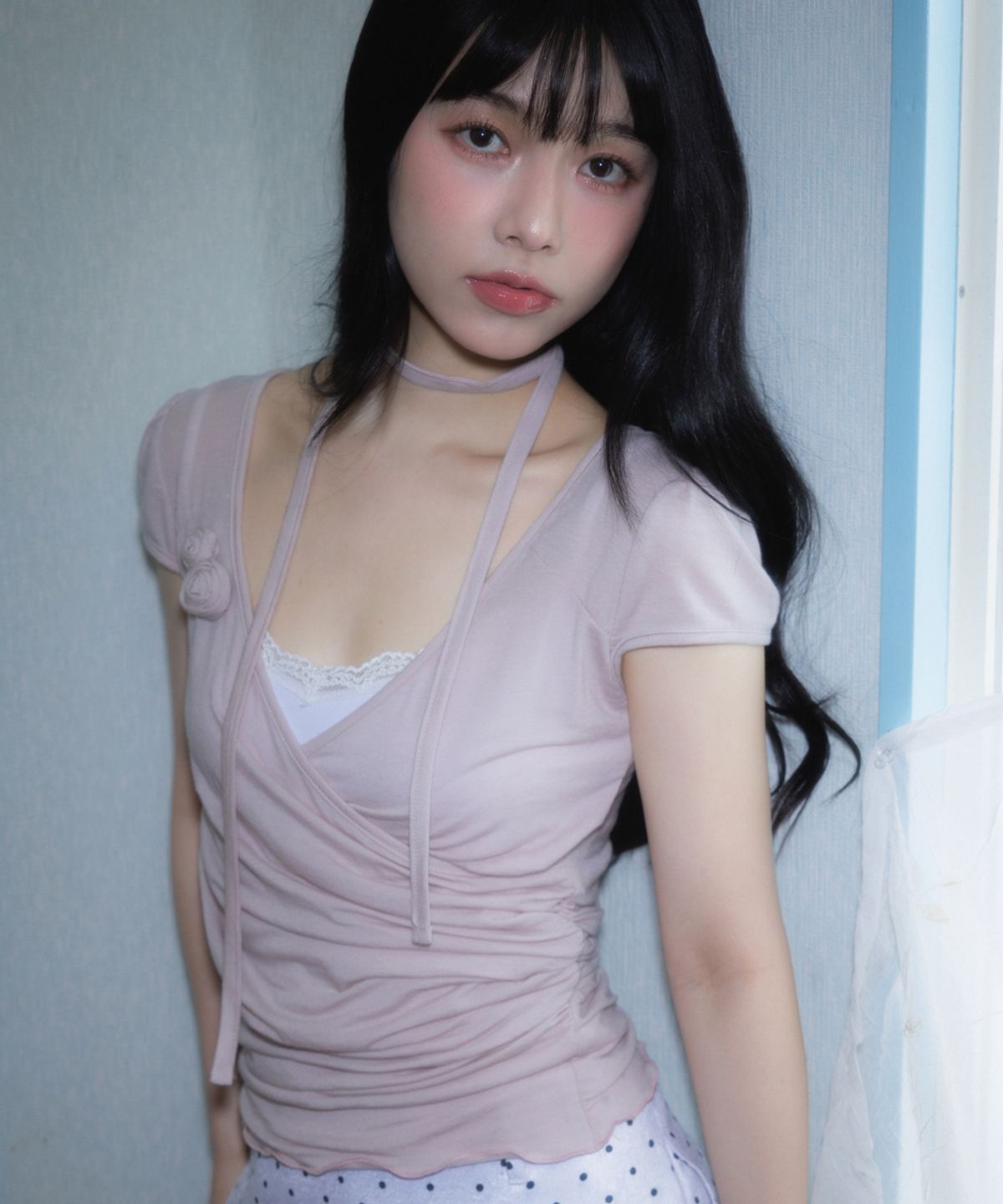 로제프란츠(ROSEFRANTZ) Corsage Shirring Tie T-shirt [Pink]