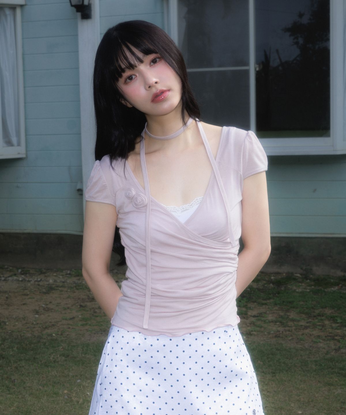 로제프란츠(ROSEFRANTZ) Corsage Shirring Tie T-shirt [Pink]