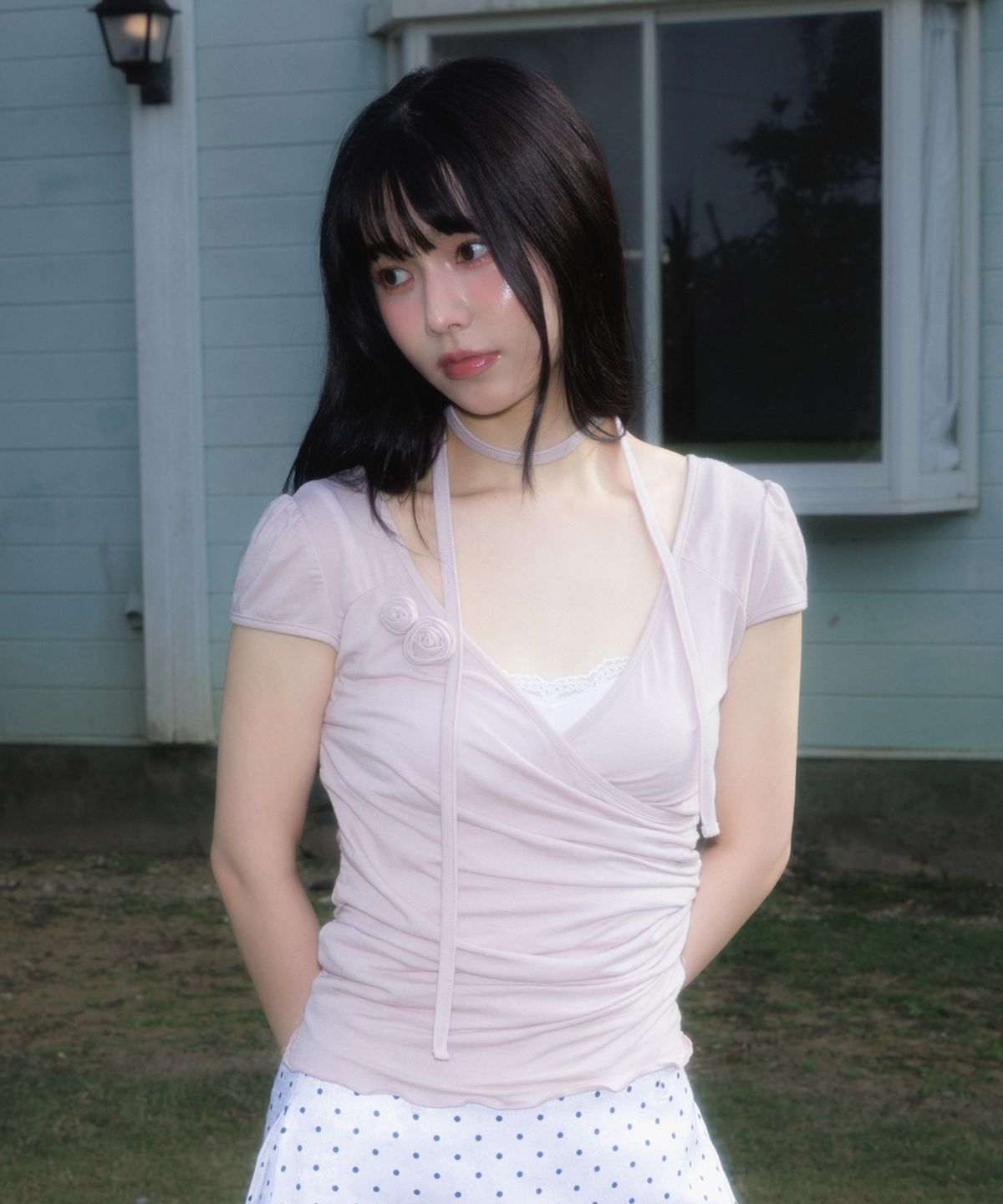 로제프란츠(ROSEFRANTZ) Corsage Shirring Tie T-shirt [Pink]