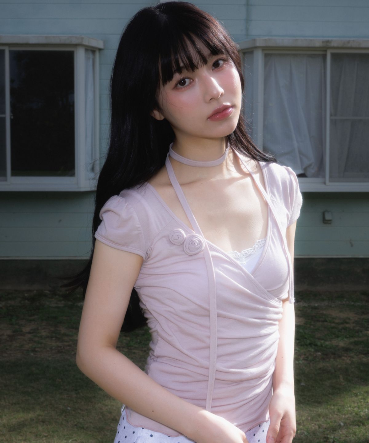 로제프란츠(ROSEFRANTZ) Corsage Shirring Tie T-shirt [Pink]