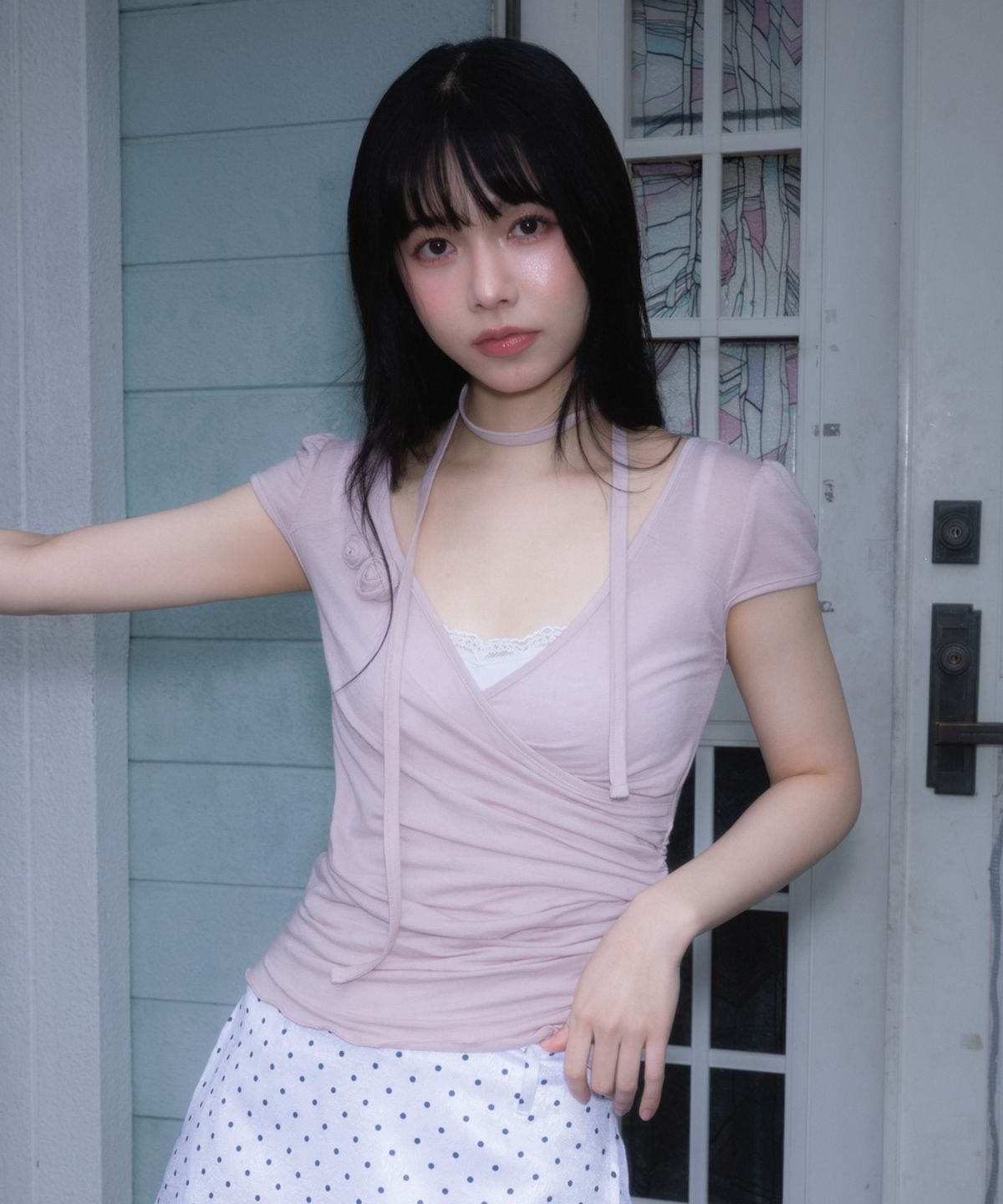로제프란츠(ROSEFRANTZ) Corsage Shirring Tie T-shirt [Pink]