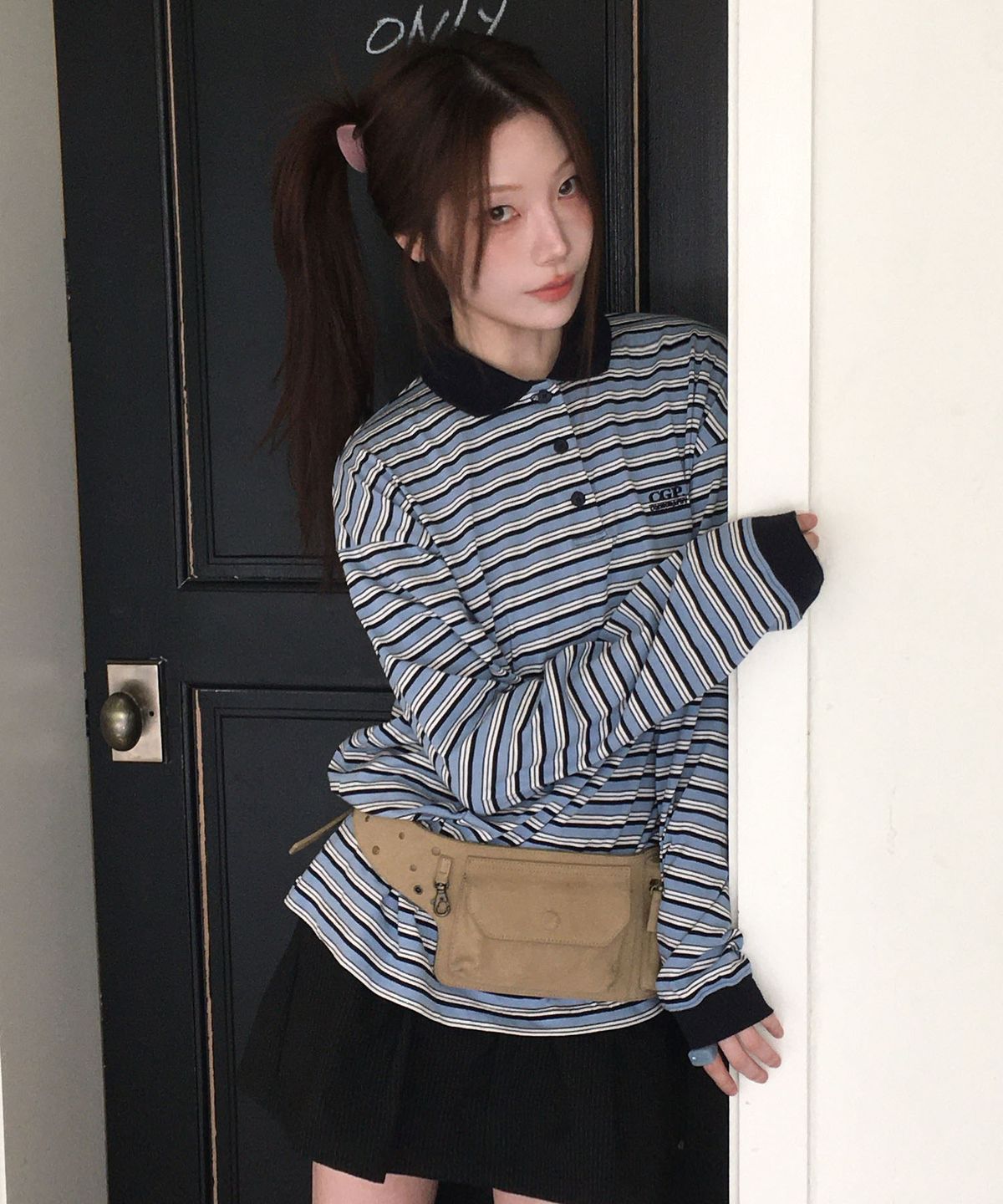 코드그라피(CGP) 스몰 스퀘어 로고 배색 스트라이프 럭비티-스카이 블루