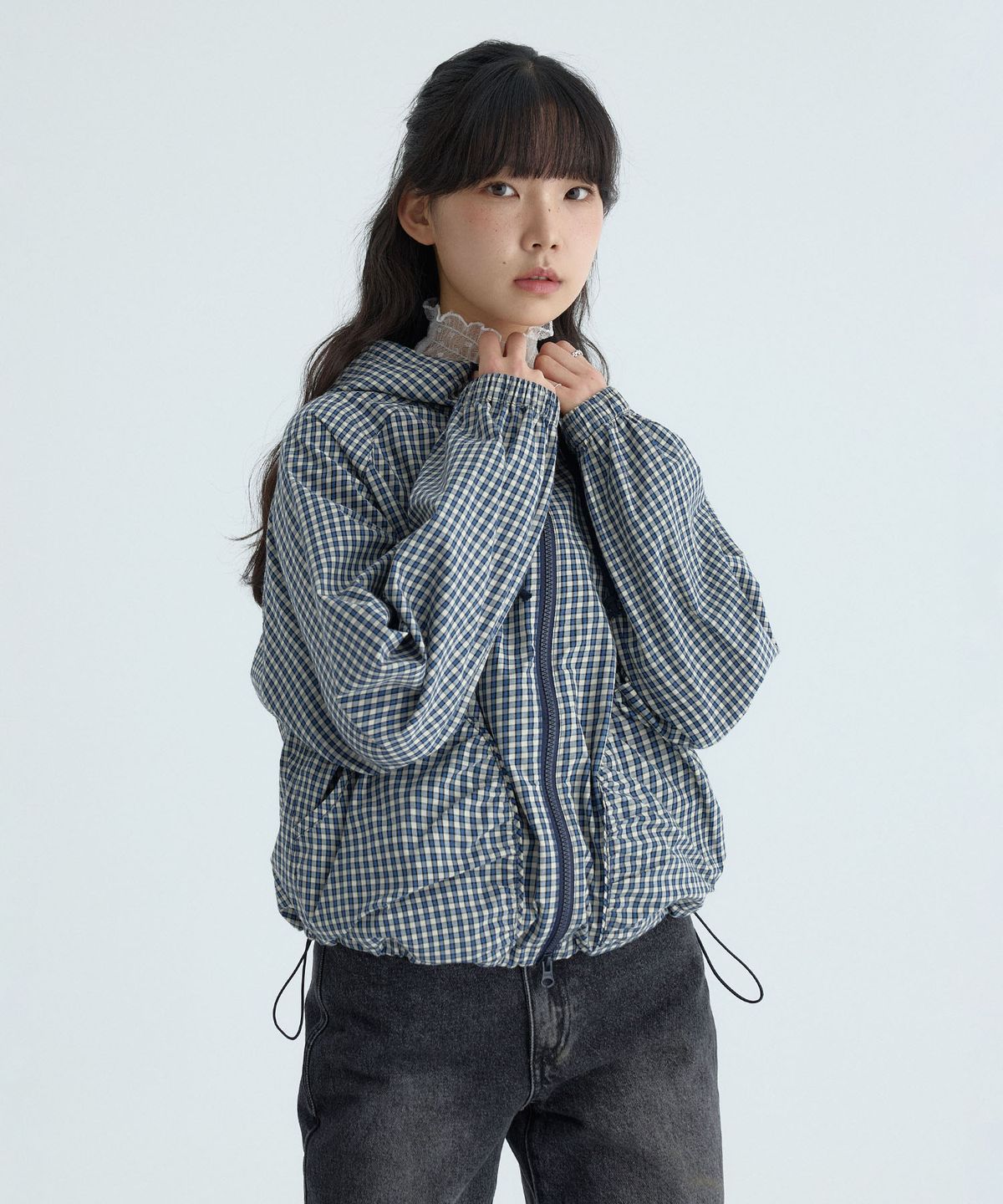 코드그라피(CGP) (우먼) 나글란 체크 후드 점퍼-블루