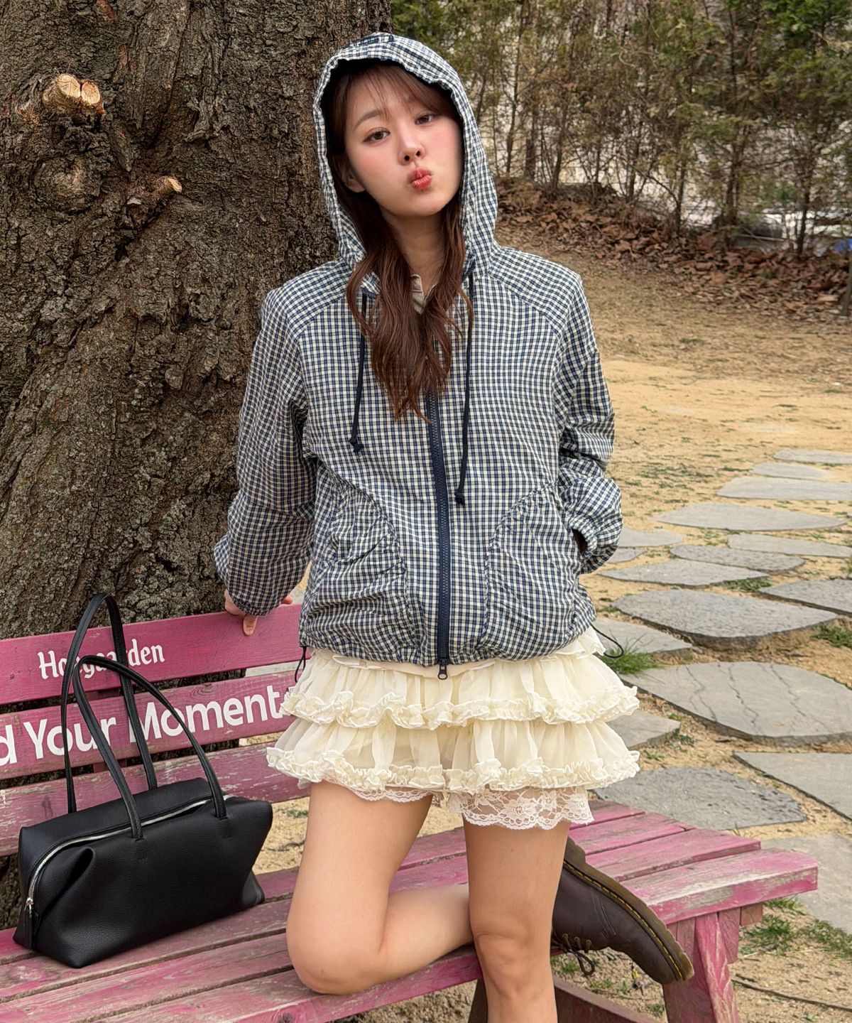 코드그라피(CGP) (우먼) 나글란 체크 후드 점퍼-블루