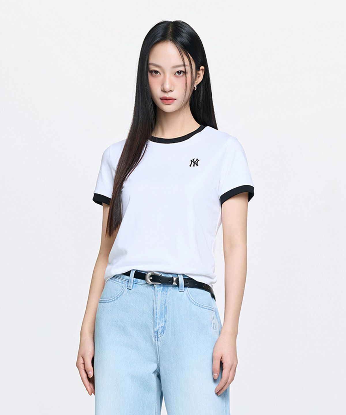 엠엘비(MLB) 여성 베이직 스몰로고 링거 티셔츠 NY (White)