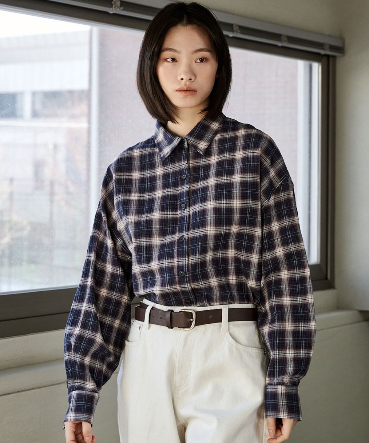 마롭(MALOUPE) 4120 크링클 체크 셔츠 (네이비)