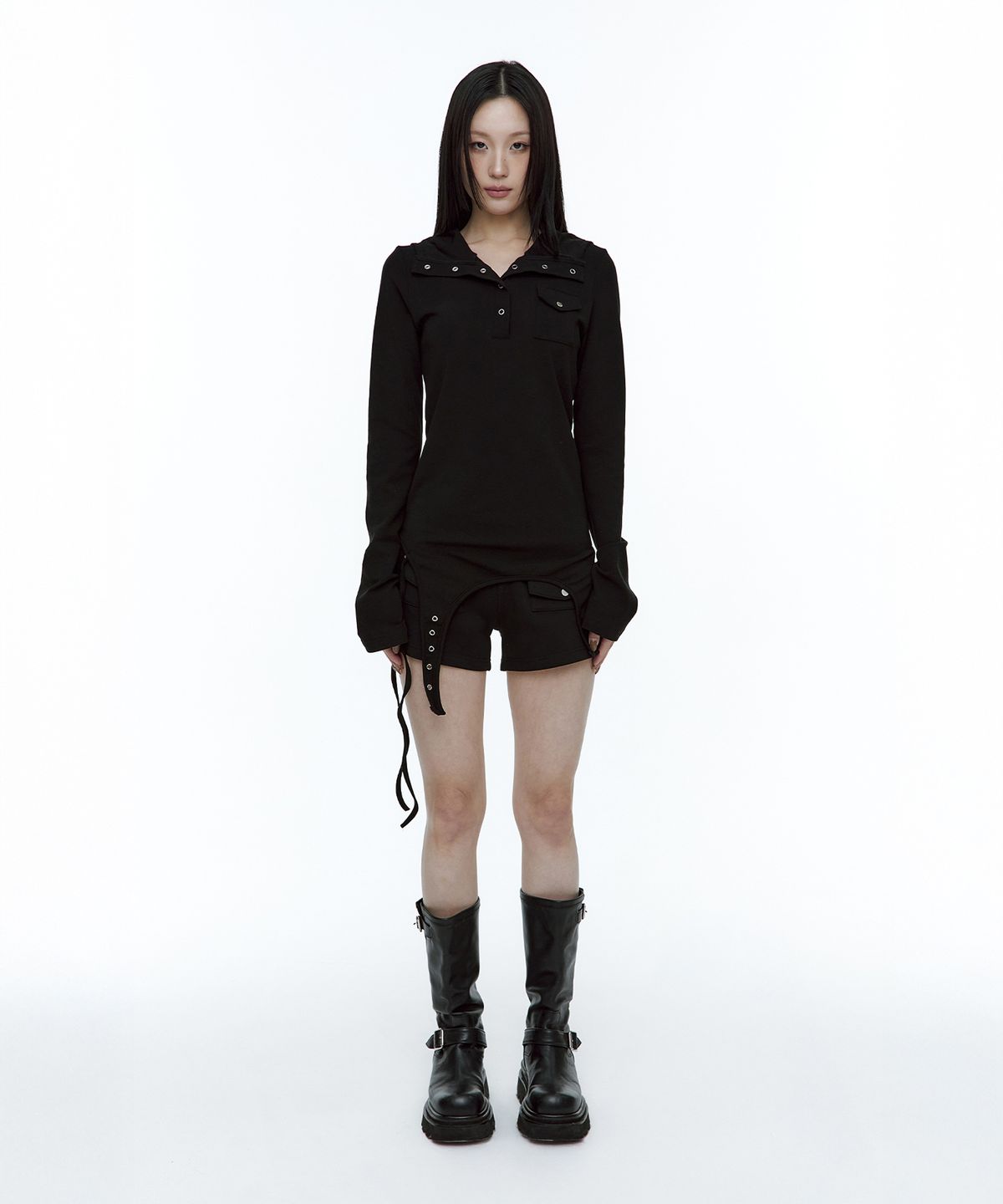 러프넥(ROUGHNECK) 가터 후디드 헨리 탑 블랙