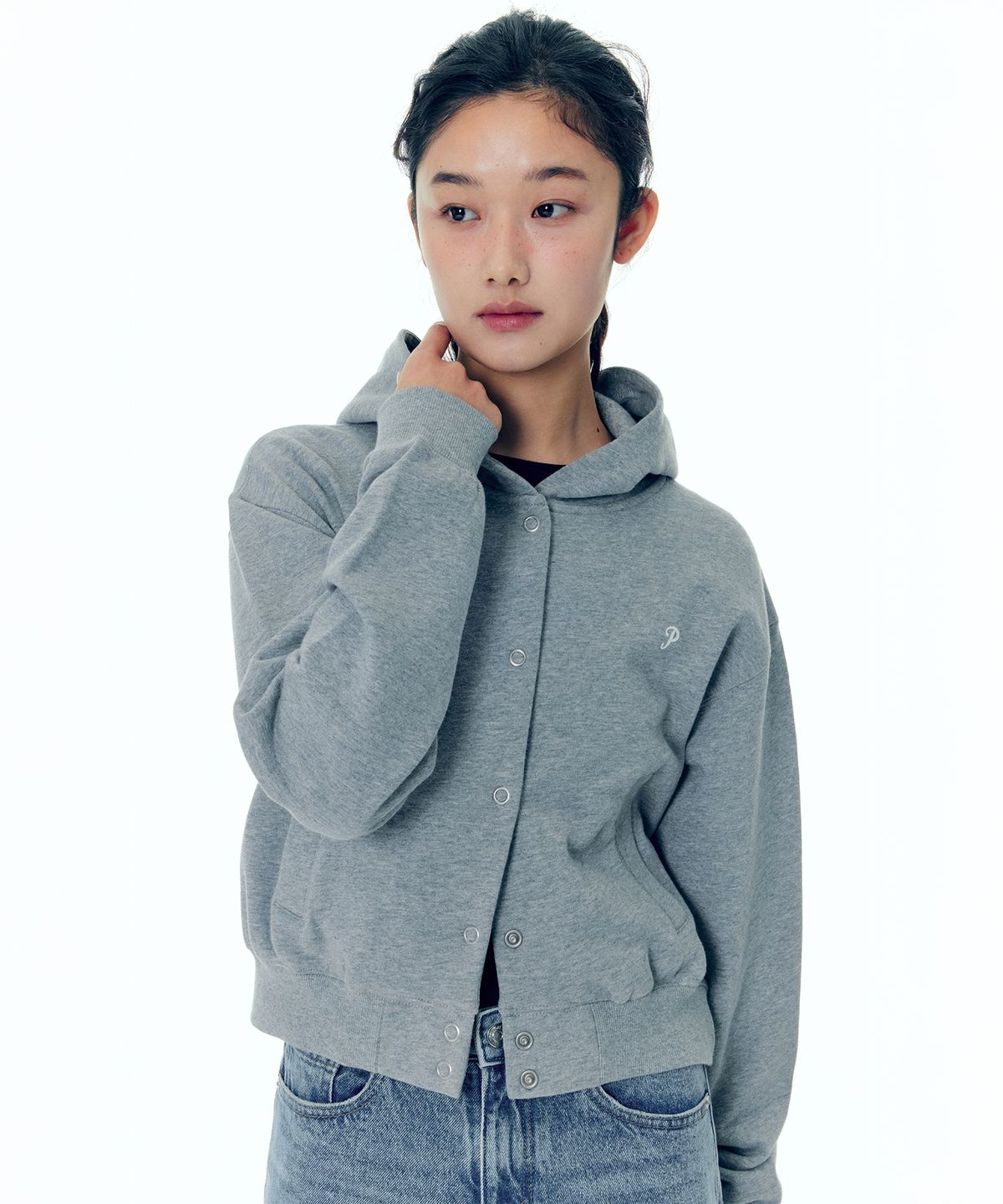 플랙 우먼(PLAC WOMEN) 스냅 후디 블루종 멜란지 그레이