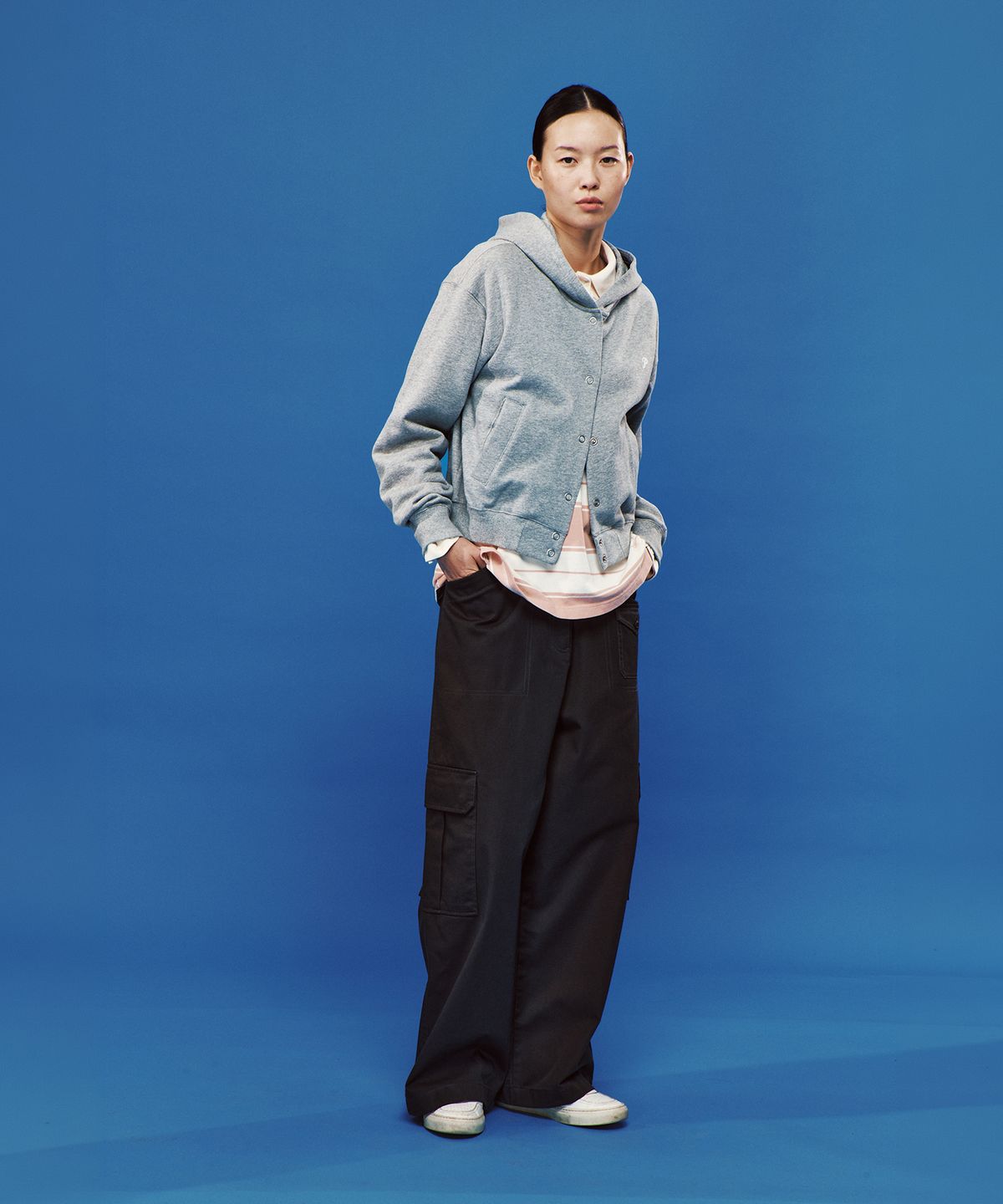 플랙 우먼(PLAC WOMEN) 스냅 후디 블루종 멜란지 그레이