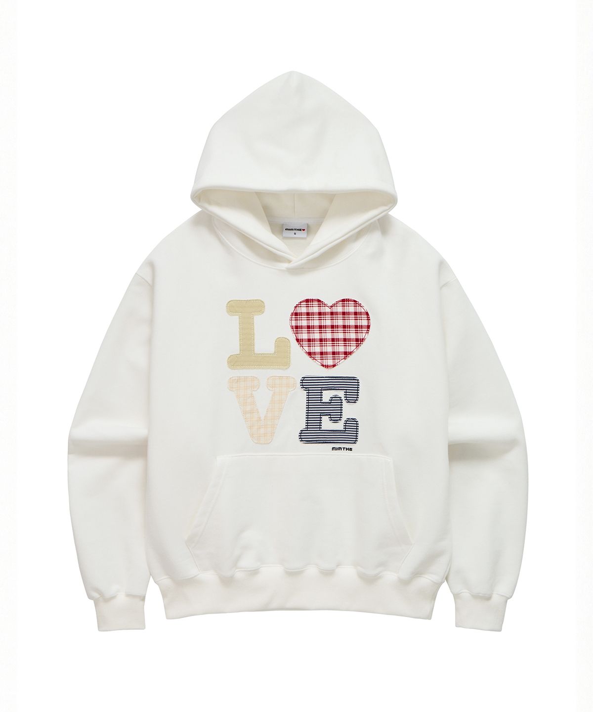 밈더워드로브(MIMTHEWARDROBE) 헬로 월드 패치워크 LOVE 후드티_화이트