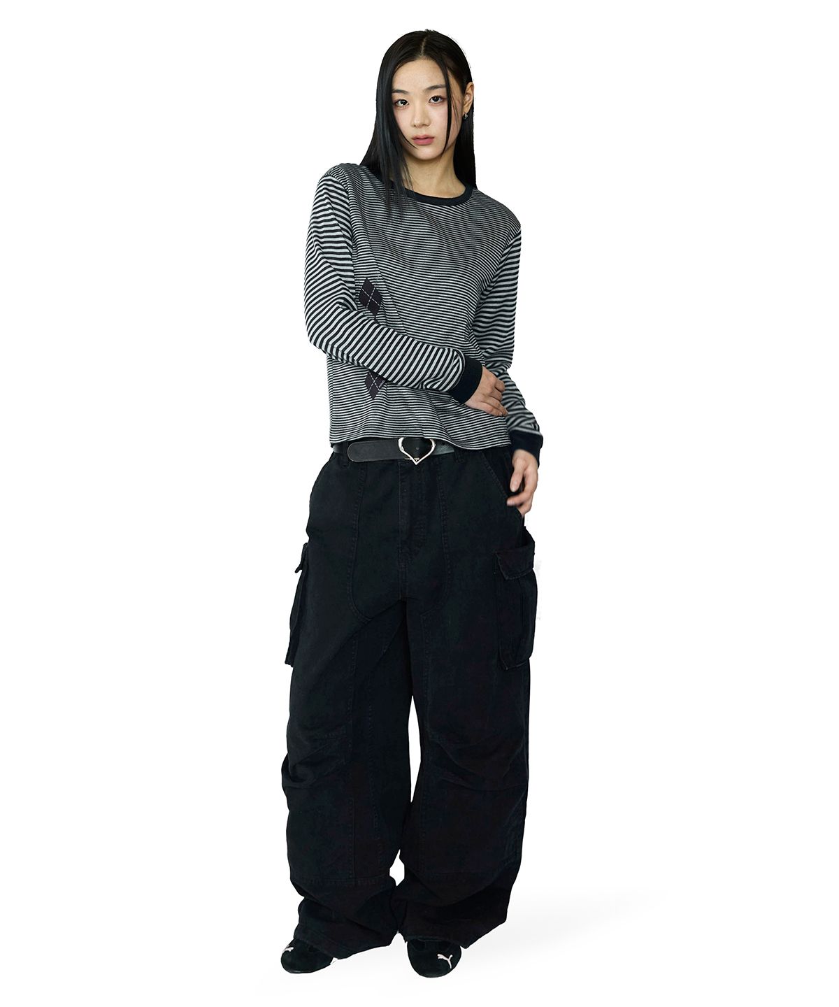 밈더워드로브(MIMTHEWARDROBE) 아가일 패널 스트라이프 롱슬리브_네이비
