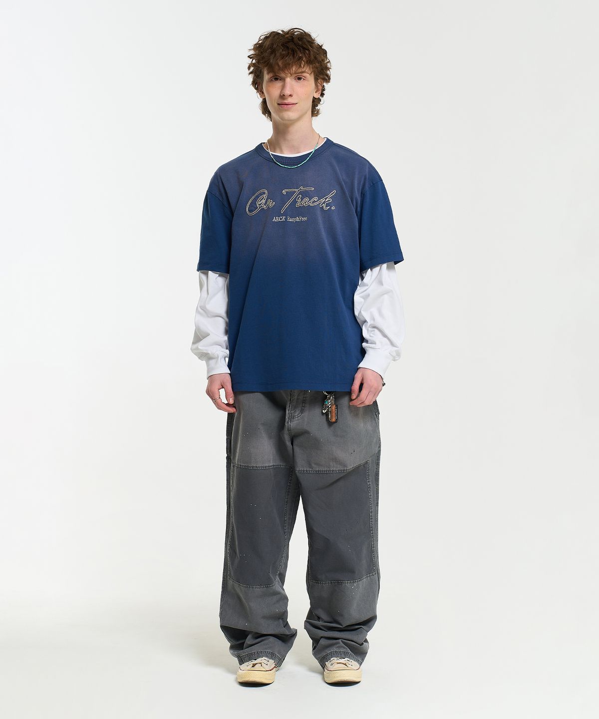 에이카화이트(AECA) ON TRACK EMBROIDERY WASHED HALF SLEEVE TEE-DARK BLUE