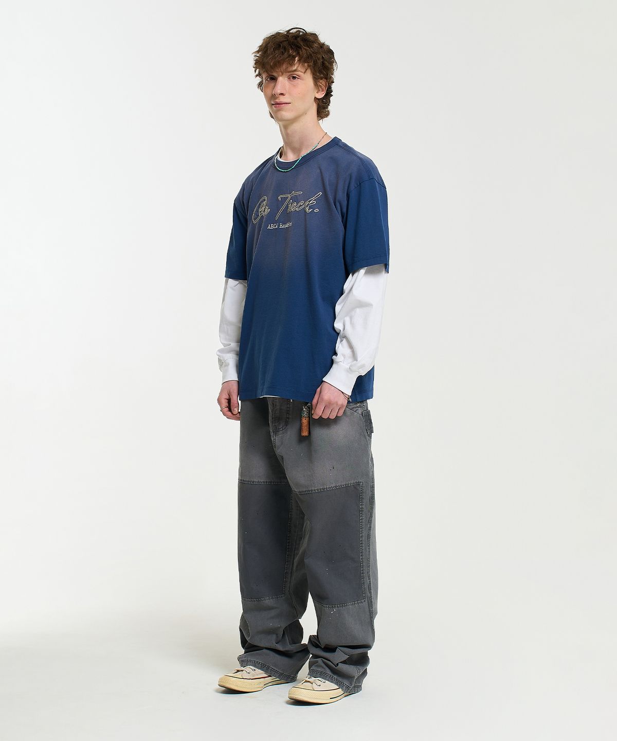 에이카화이트(AECA) ON TRACK EMBROIDERY WASHED HALF SLEEVE TEE-DARK BLUE