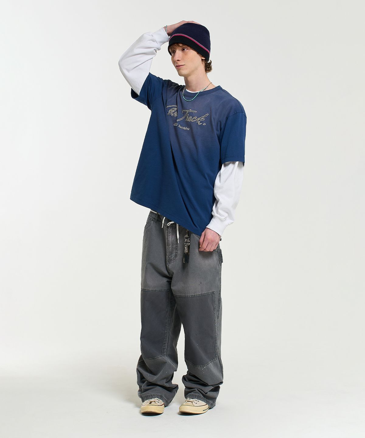 에이카화이트(AECA) ON TRACK EMBROIDERY WASHED HALF SLEEVE TEE-DARK BLUE
