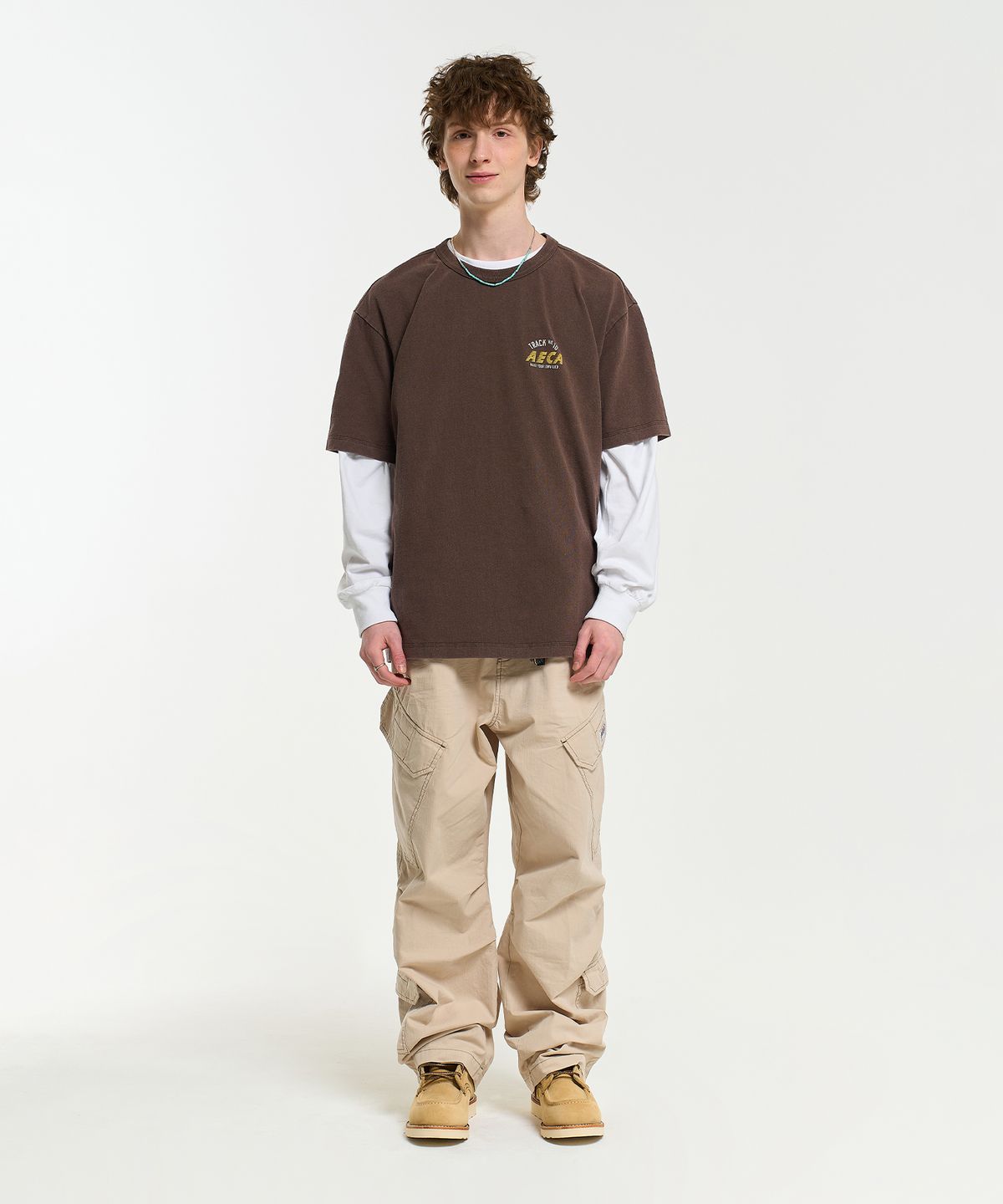 에이카화이트(AECA) AECA TRACK NO.10 PART WASHED HALF SLEEVE TEE-BROWN