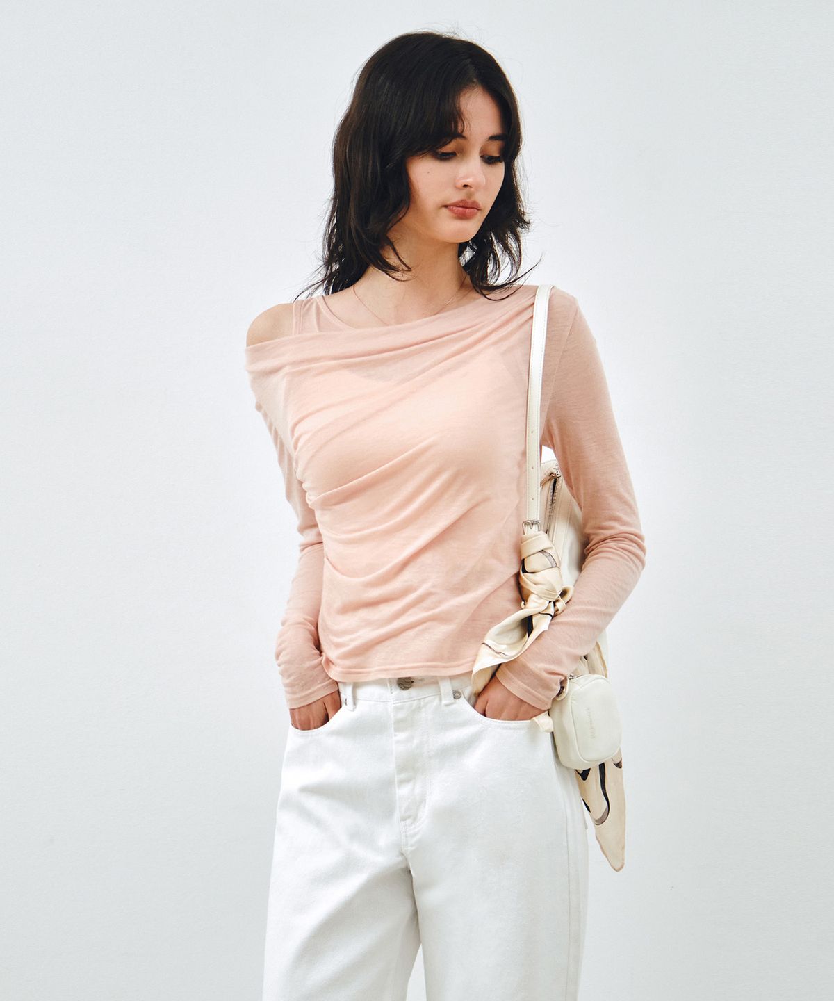 몽돌(MONGDOL) [SET] 원숄더 드레이핑 레이어드 티셔츠 피치핑크 MDTS088PEACHPINK