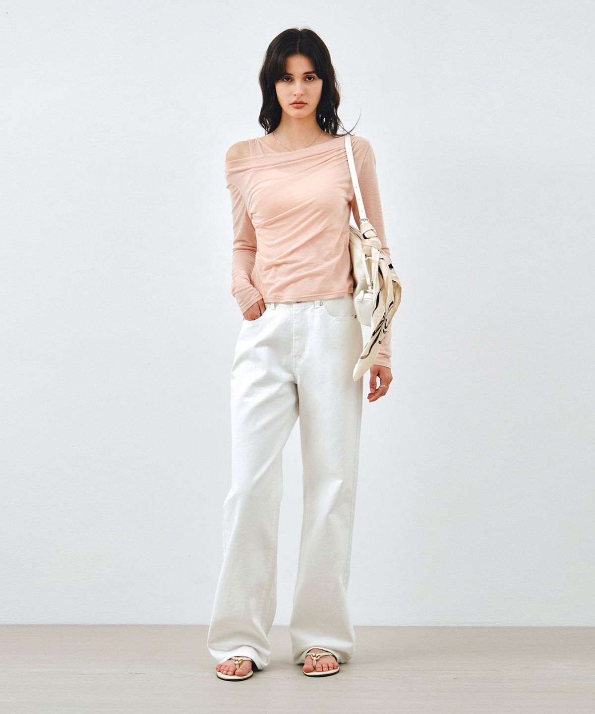 몽돌(MONGDOL) [SET] 원숄더 드레이핑 레이어드 티셔츠 피치핑크 MDTS088PEACHPINK