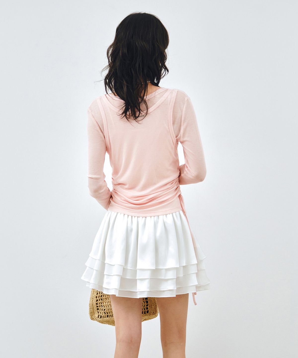 몽돌(MONGDOL) [SET] 사이드 셔링 레이어드 티셔츠 핑크 MDTS067PINK