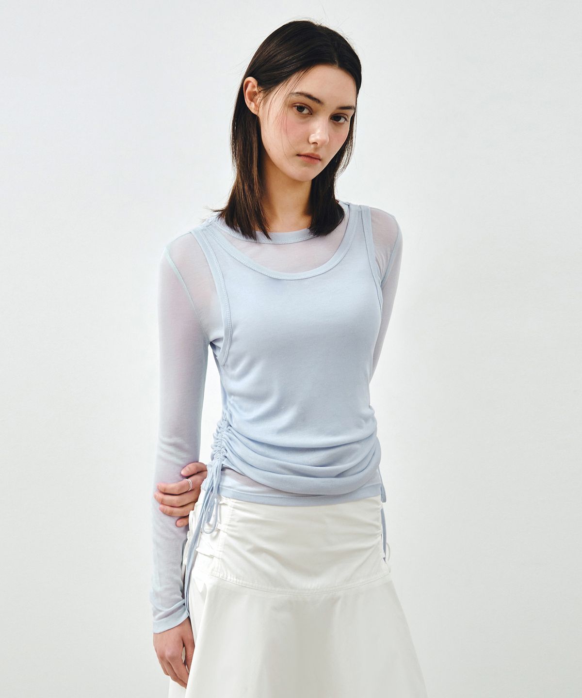 몽돌(MONGDOL) [SET] 사이드 셔링 레이어드 티셔츠 스카이블루 MDTS067SKYBLUE