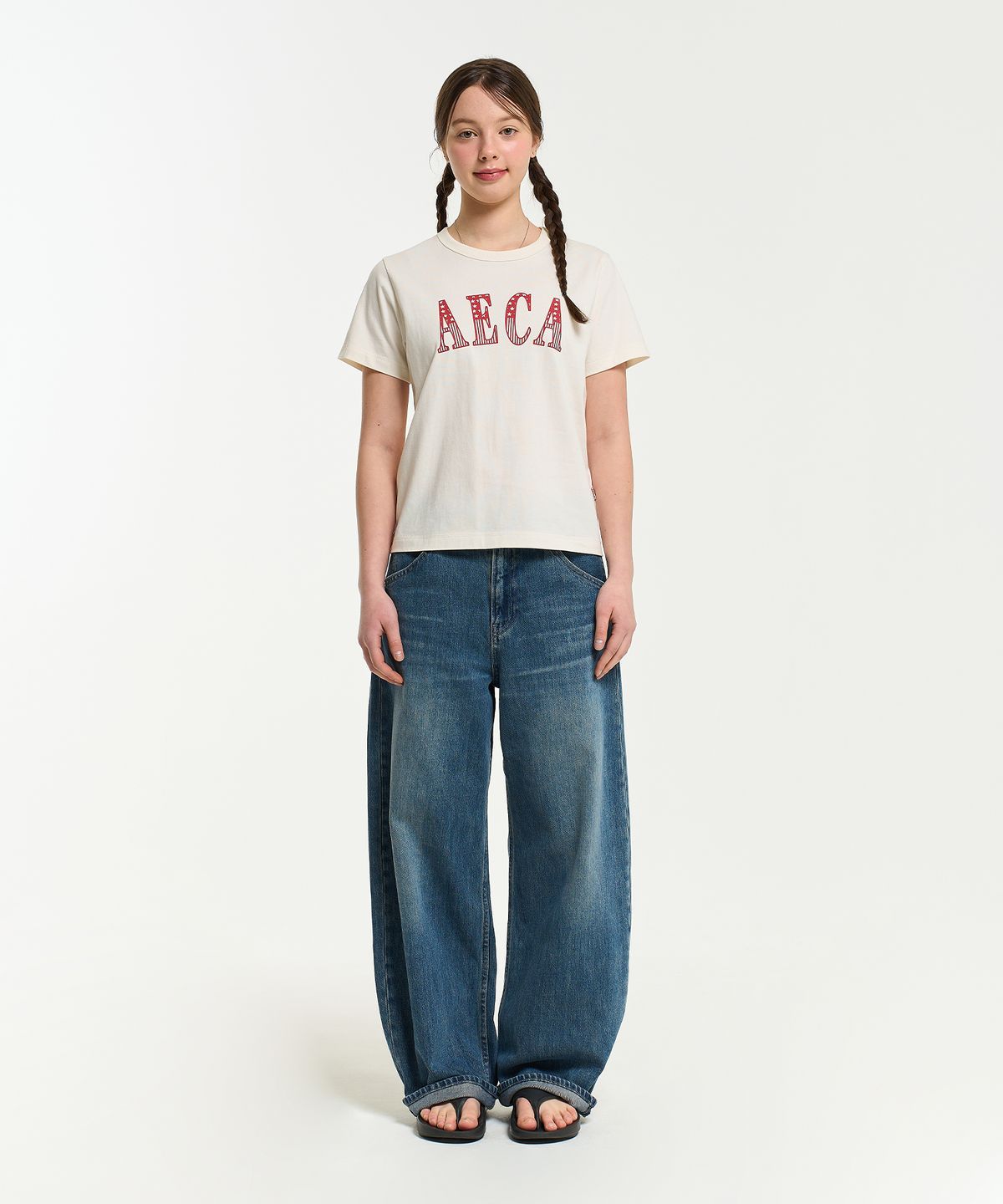 에이카화이트(AECA) (Woman) AECA CLASSIC LOGO DISTRESSED HALF SLEEVE TEE-ECRU