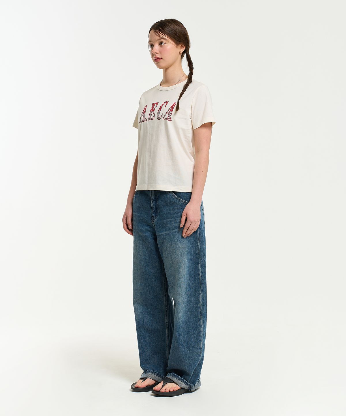 에이카화이트(AECA) (Woman) AECA CLASSIC LOGO DISTRESSED HALF SLEEVE TEE-ECRU