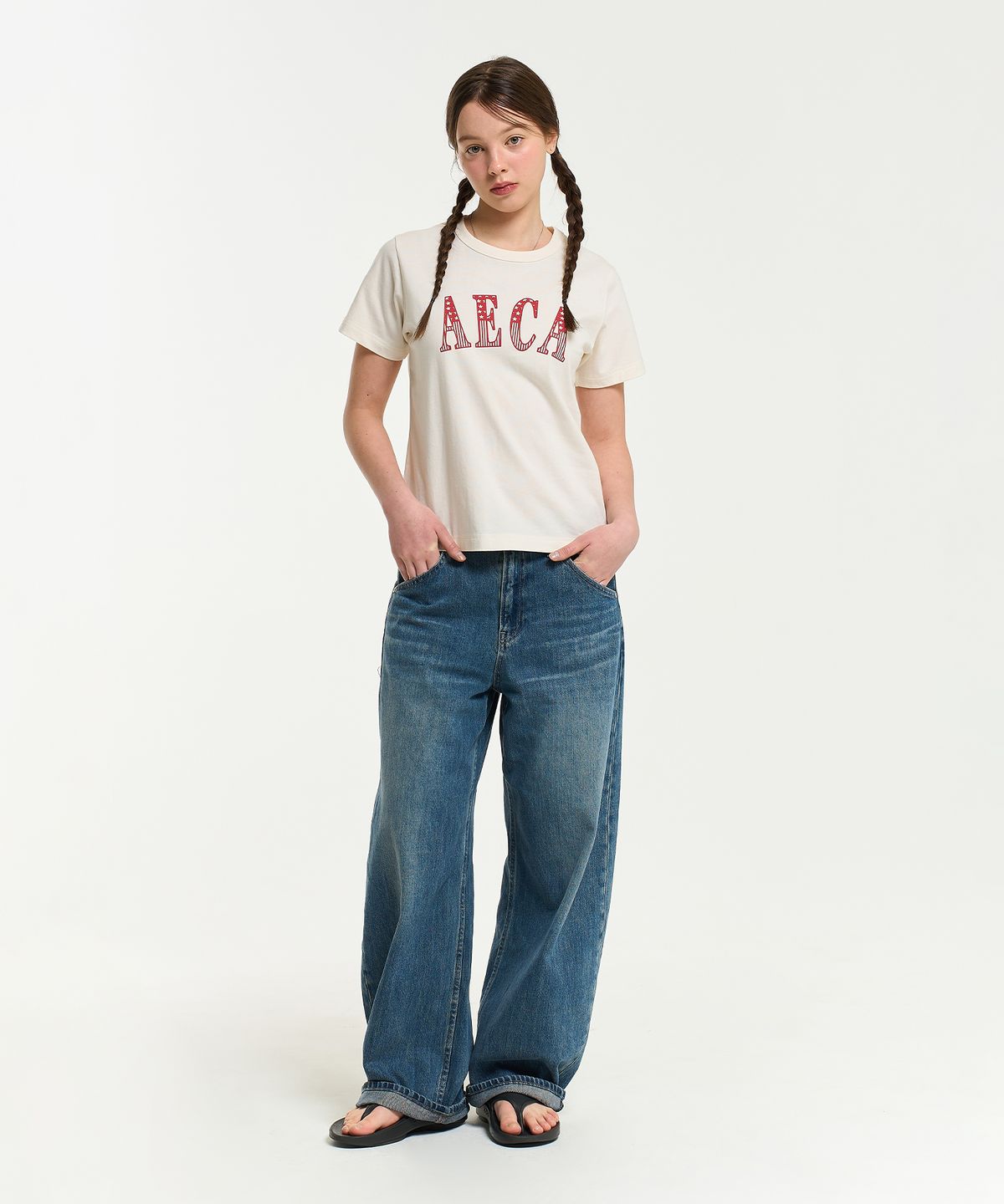 에이카화이트(AECA) (Woman) AECA CLASSIC LOGO DISTRESSED HALF SLEEVE TEE-ECRU