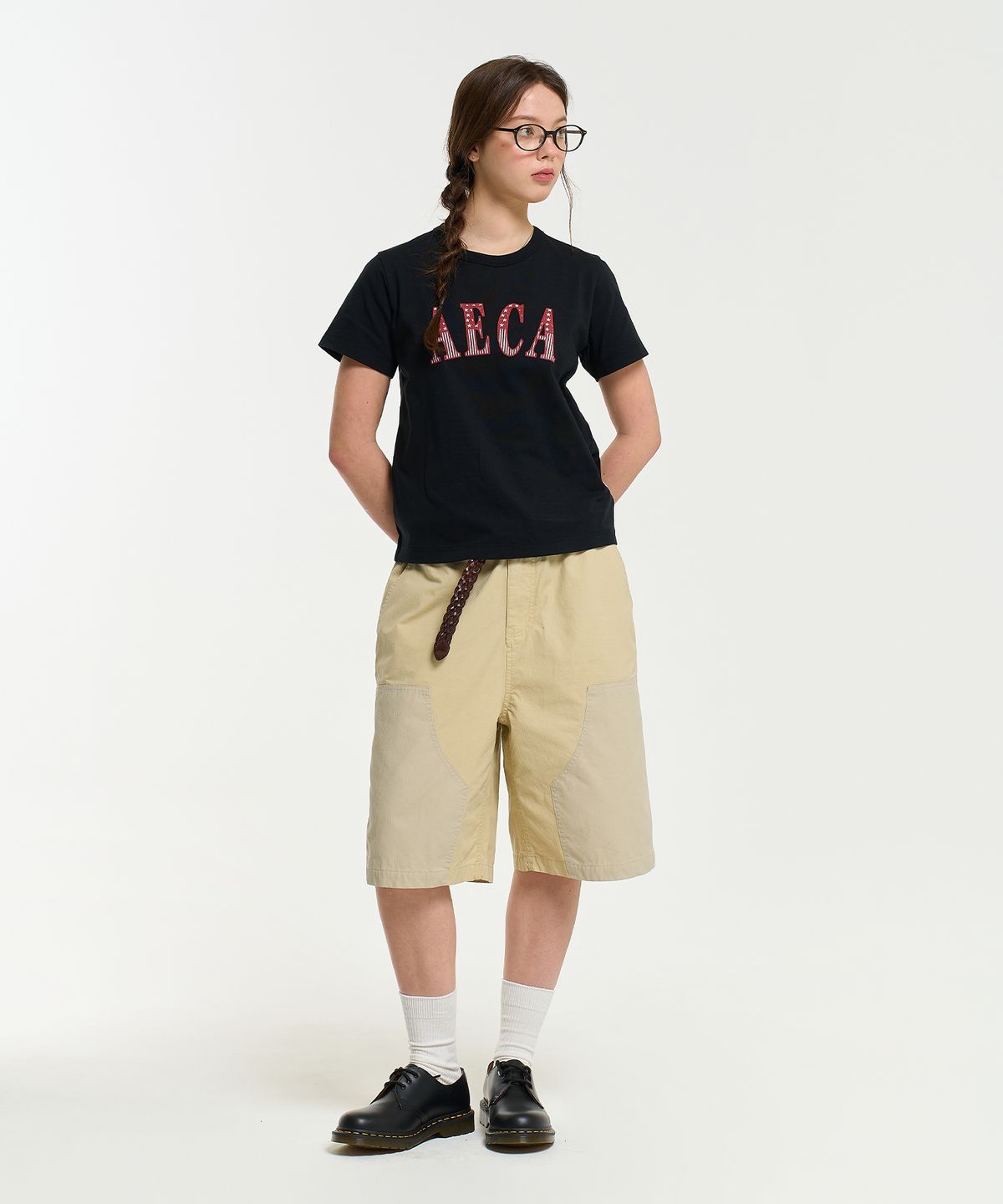 에이카화이트(AECA) (Woman) AECA CLASSIC LOGO DISTRESSED HALF SLEEVE TEE-BLACK