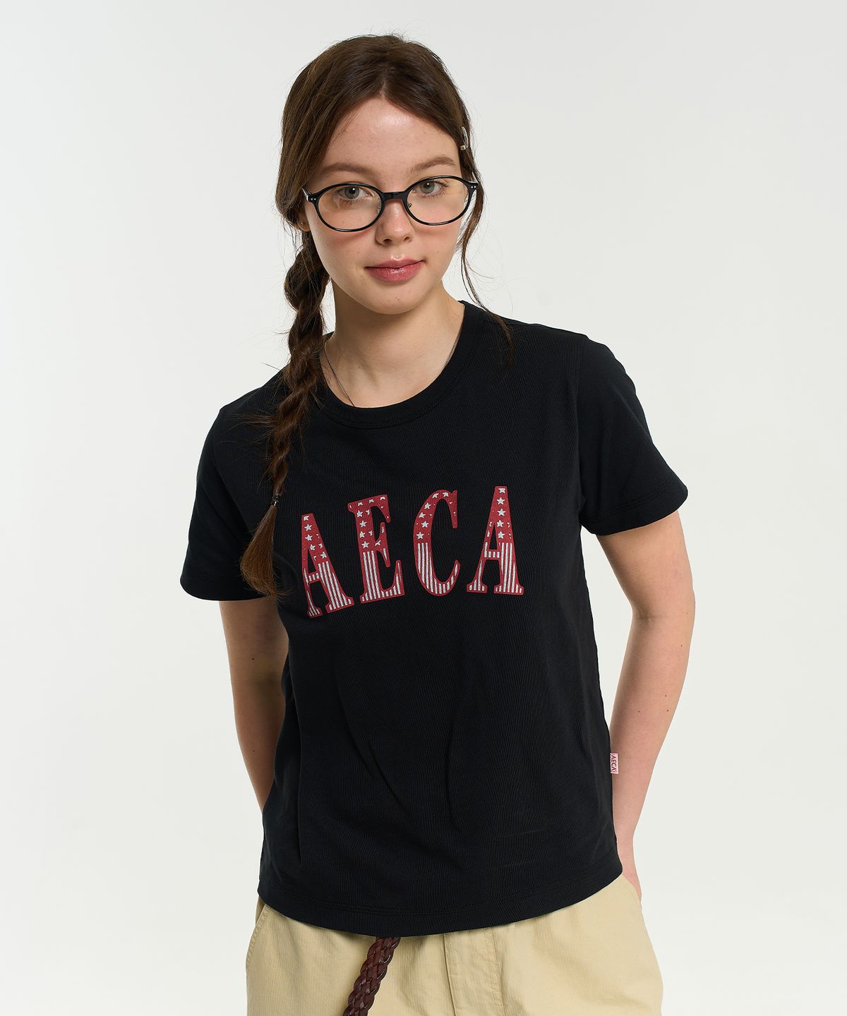 에이카화이트(AECA) (Woman) AECA CLASSIC LOGO DISTRESSED HALF SLEEVE TEE-BLACK