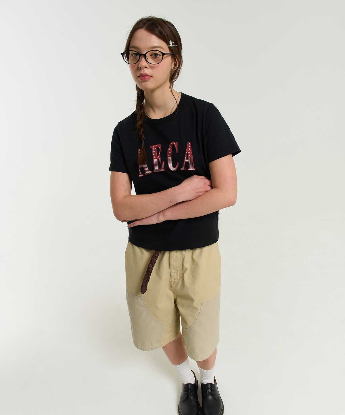 에이카화이트(AECA) (Woman) AECA CLASSIC LOGO DISTRESSED HALF SLEEVE TEE-BLACK